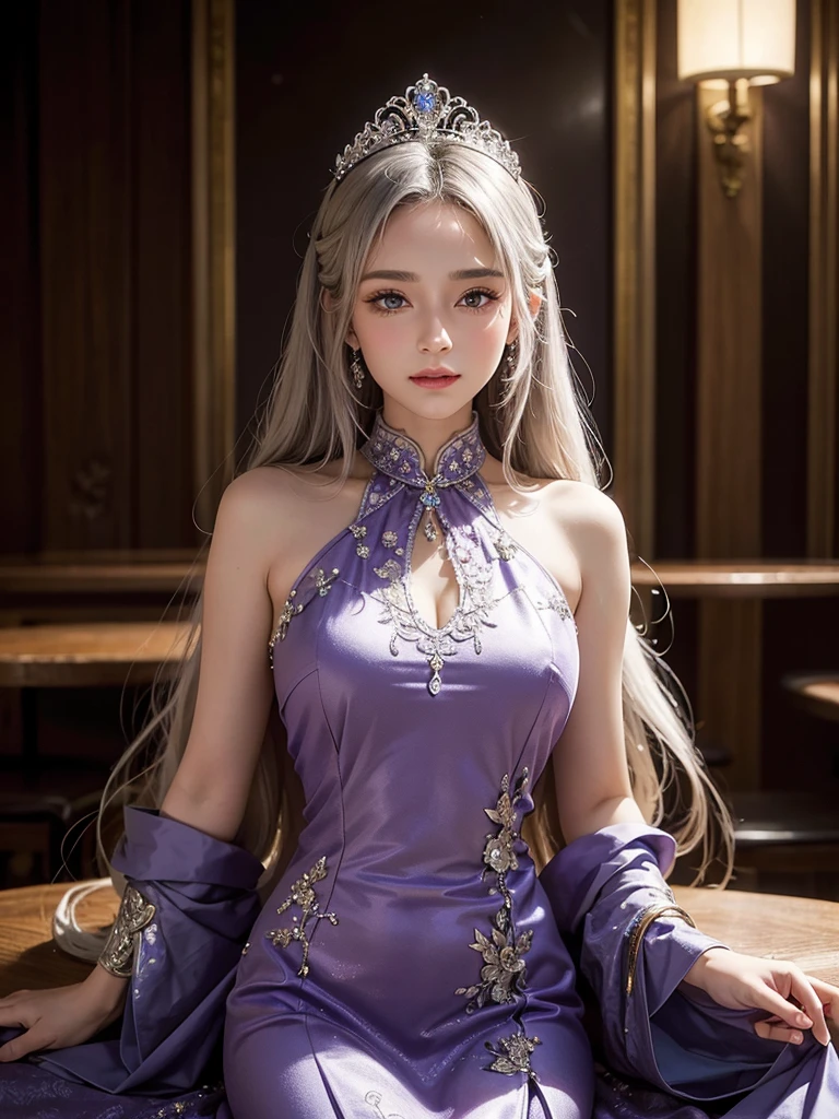 intricate detail, masterpiece, best quality, extremly detailed,cinematic lighting, beautiful detailed glow, finely detailed beautiful face and eyes, smile , long smooth shiny silver hair, Realistic lighting, pretty face , Body perfect anatomy,Top Quality, Top resolution, full body , High quality, realistic , Cinematic, Aesthetic, beautiful girl , cheongsam dress , symmetrical face , busy restaurant background, wearing a bejewelled tiara , long purple dress