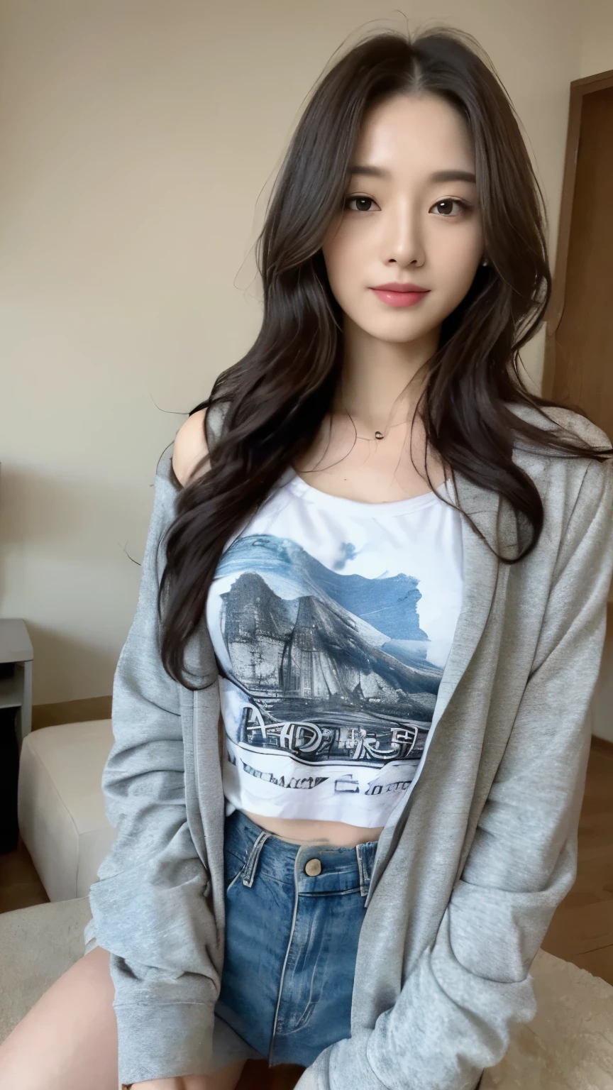 ((top-quality、8k、​masterpiece:1.3))、Beautiful woman with perfect body:1.4、slim abdomen:1.2、Longhair, normal breast, Highly detailed facial and skin texture, A detailed eye, (smile), (full body shot), ((computer room)), (sitting), (((wearing t-shirt with jacket)), looking in front