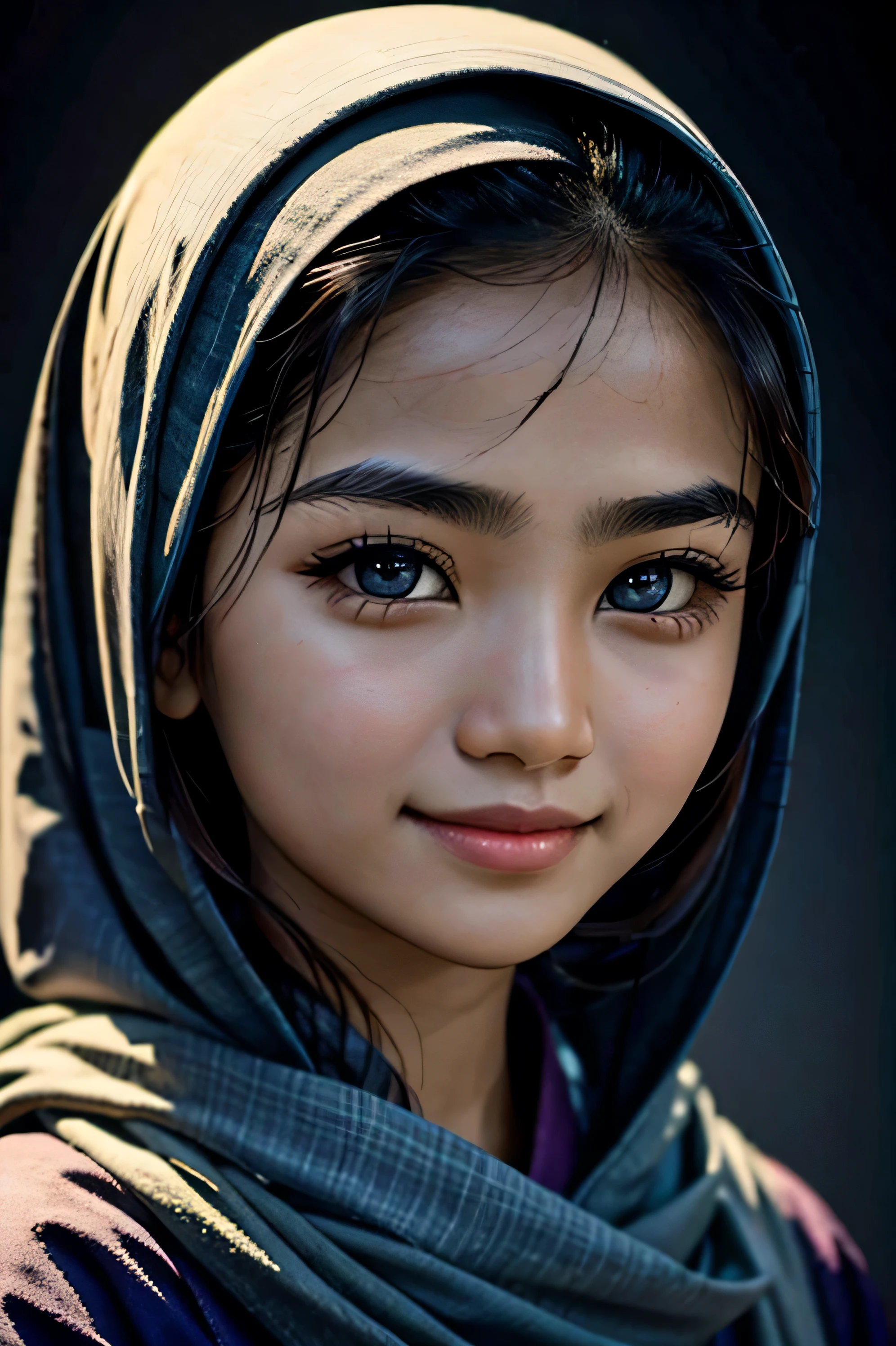 Close-up portrait photo of the face of a Hazara girl from Afghanistan with eyebrows like Japanese girls and eyes like South Asian women with beautiful makeup. This girl has blue eyes and a smile on her face, and her clothes look like European models. The background of this photo is white. This photo was taken with a Sony camera with a 70 x 200 lens and F/1.4. This photo was taken in a professional studio with Profoto lights and cinema lighting