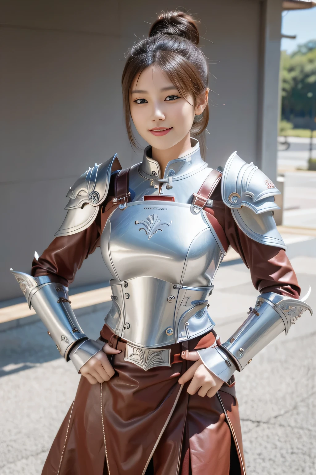 Chinese female general Hua Mulan,reddish brown leather armor,Silver metal breastplate,battlefield background,majestic,Smile(open mouth)(The corners of the mouth are raised),Leather tunic,Knee pads,eight clones,sunshine on face,silver metal headband,Hair bun raised high。outdoor background
