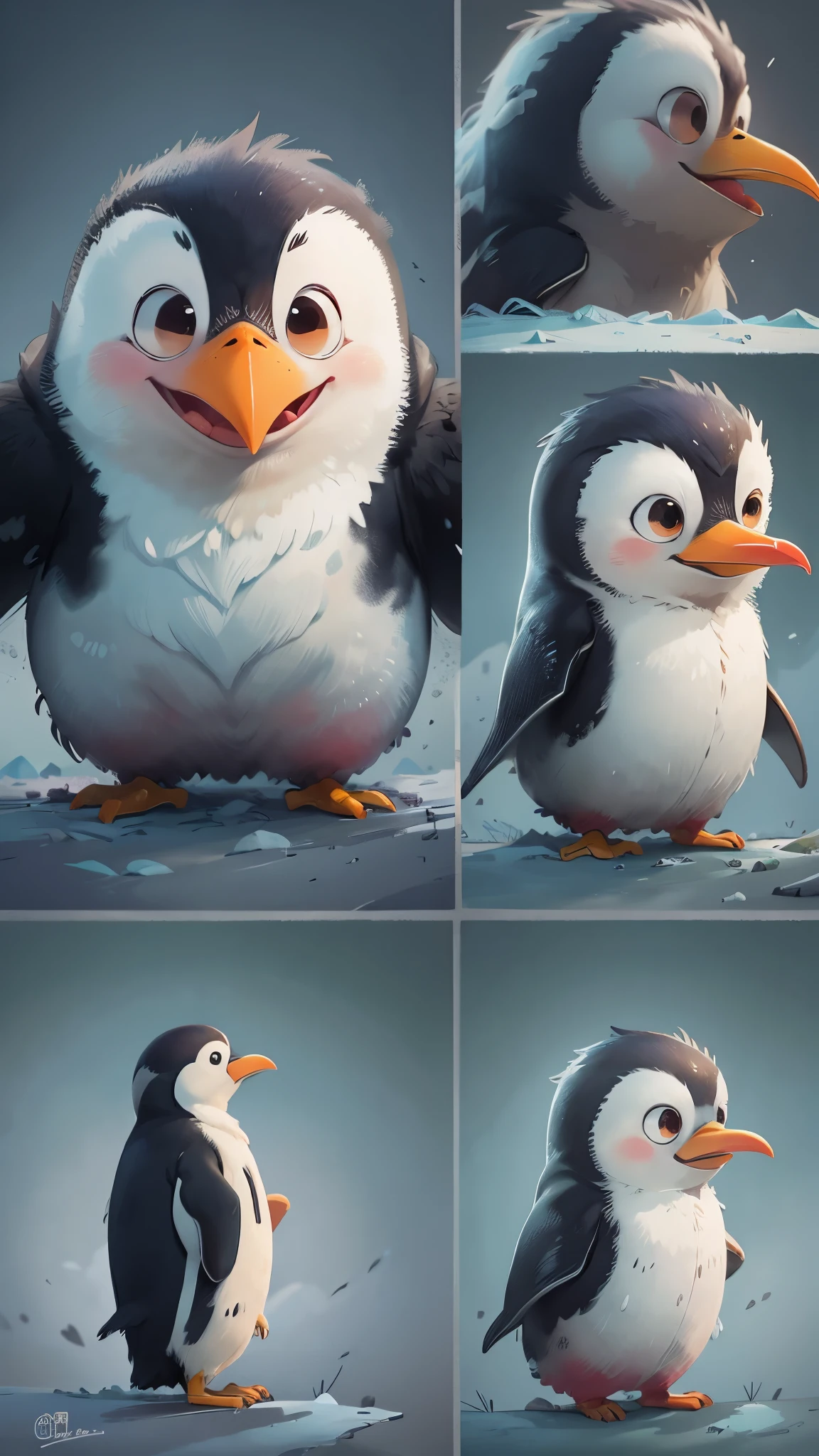 Antarctic ice sheet,可爱的emperorpenguin在雪地上玩耍,front view,close up, Pixar style, best quality, stills, very cute, big eyes, ,long eyebrows,orange beak, long pointed beak,correct anatomy,correct penguin,Very happy,emperorpenguin,high details, high quality, masterpiece, ccurate, super detail,