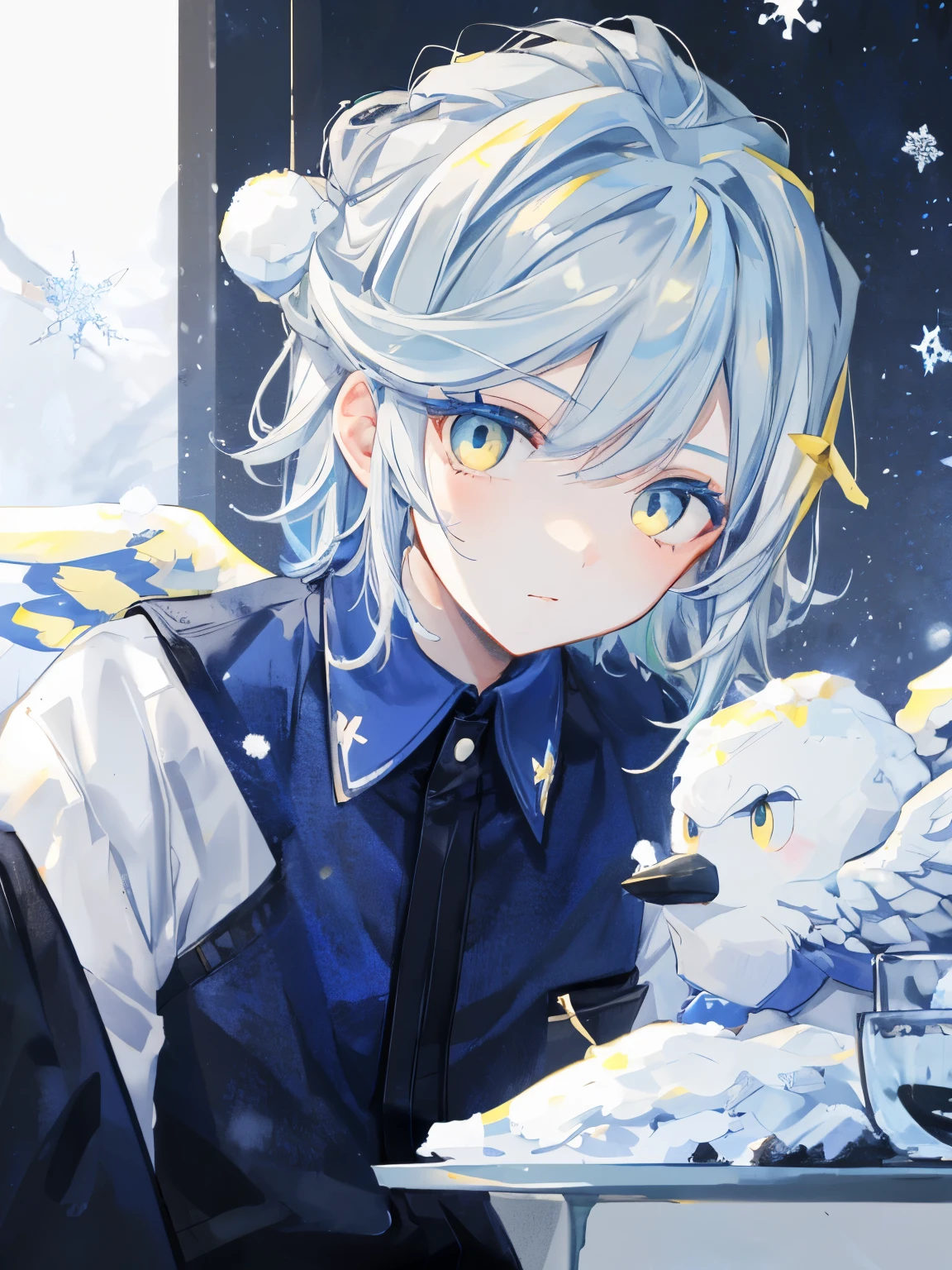 highest quality、table top、super detailed、perfect face、very detailed、very delicate、1 boy, (cute), Angel, light blue hair、half up、place々Blue Mesh、blue and yellow gradient eyes、Noble attire、black coat、Gray collared shirt、black pants、snow mountain、Snow blows