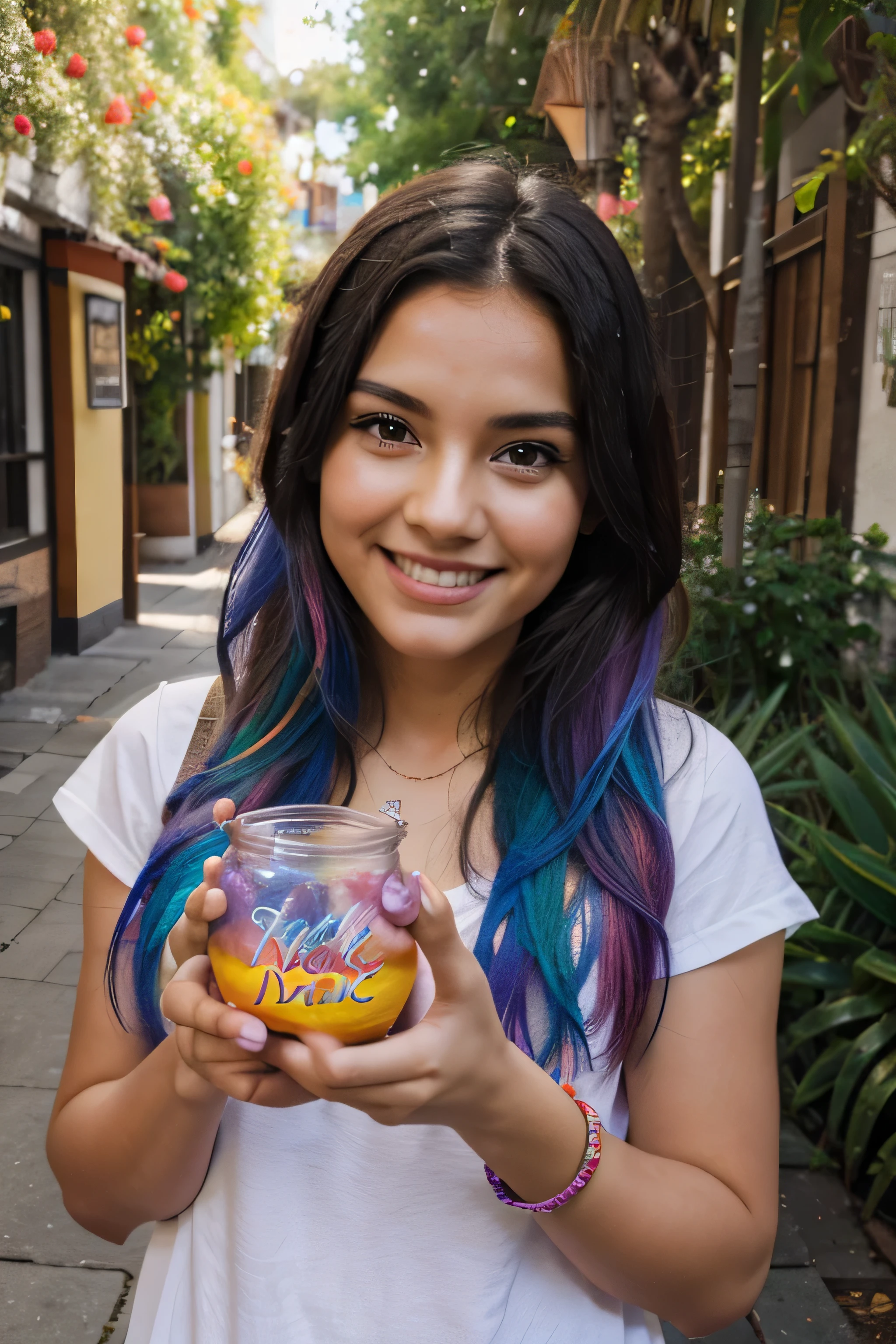 Una chica de pie con una sonrisa radiante en su rostro., holding the jar of magic paint in his hands. It is surrounded by a magical and colorful environment, con flores coloridas, Vibrant trees and a rainbow-filled sky. 4k resolution
