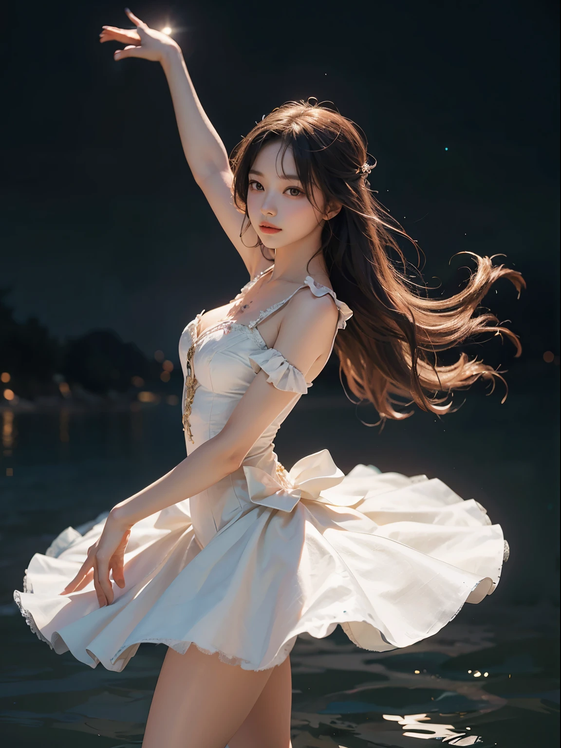 fantasy, high quality, 8K, realistic,photo realistic,RAW photo,photography,High resolution, ultra-definition, highest quality,Dramatic lighting, glitter effect, from below, midnight, moonlight, 深い森の中の湖、full body,break,
神秘的な湖の上で月光を浴びて優雅にバレエを踊るプリマドンナの少女、Arabesque pose、孤独、1 girl、((luxurious and delicate white tutu)),semi-long hair,black hair,black eyes、綺麗な足、Ballet Pointe Shoes, 