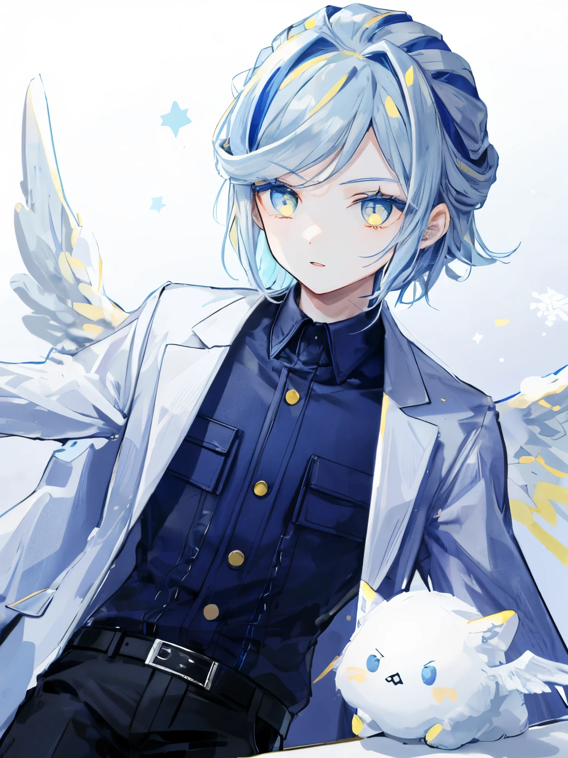 highest quality、table top、super detailed、perfect face、very detailed、very delicate、1 boy, (cute), Angel, light blue hair、half up、place々Blue Mesh、blue and yellow gradient eyes、Noble attire、black coat、Gray collared shirt、black pants、snow mountain、Snow blows