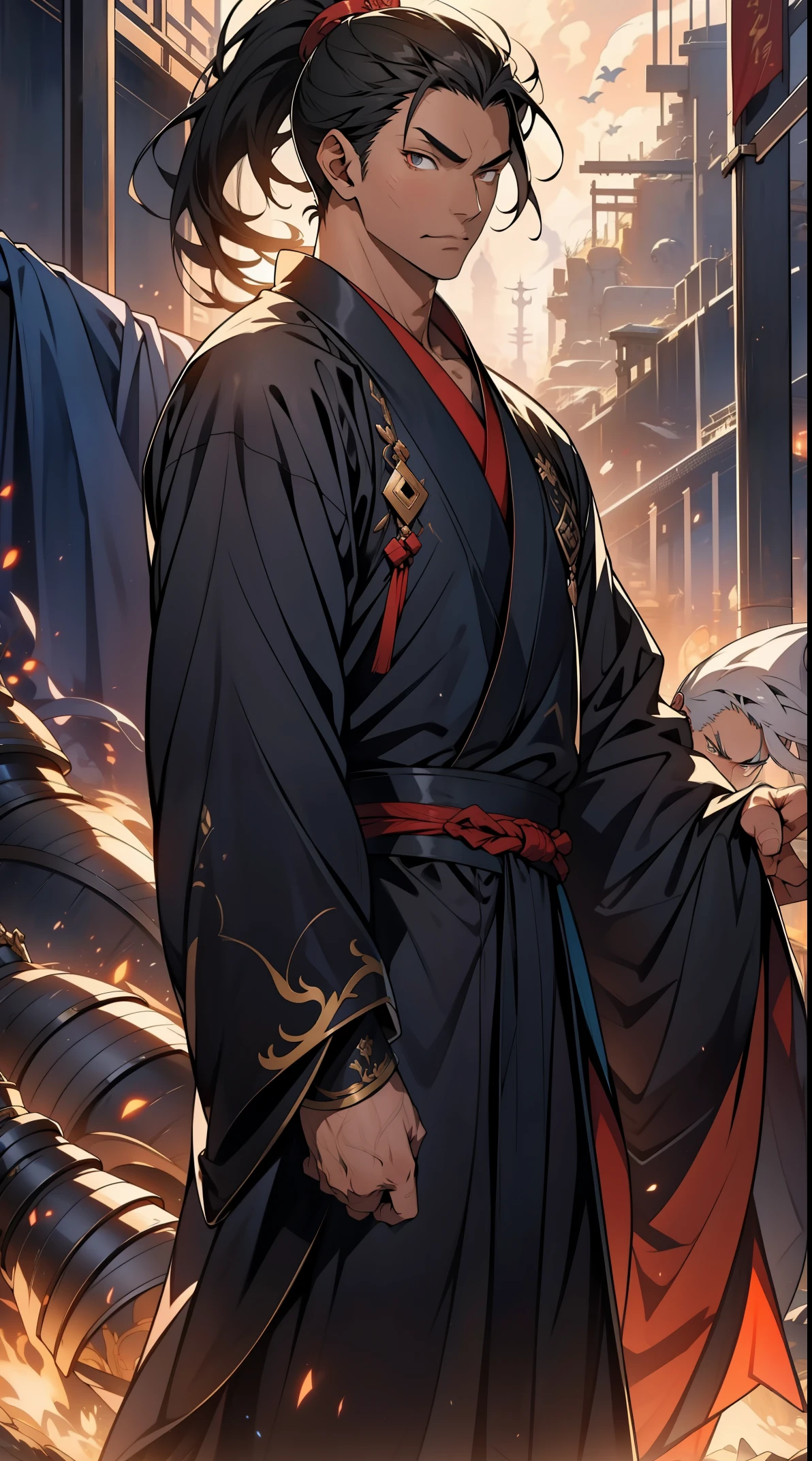 Two dimensions,anime style,one person(male warrior),proportions are correct,facial details,swordsman,high ponytail hairstyle,neck detail,Have an Adam's apple,Black costume Hanfu,joke,black toga,clothing details,Handing over,long sleeves,Game quality,fencing,Ray tracing,Ray tracing,Detailed glow,CG rendering,hair details,long black hair,s eyes,Handsome,whole body,stand,(Youthful feeling),Clothing is complicated,Perfect composition,refine,high quality,higher details,many details,Complex background,a sense of atmosphere,