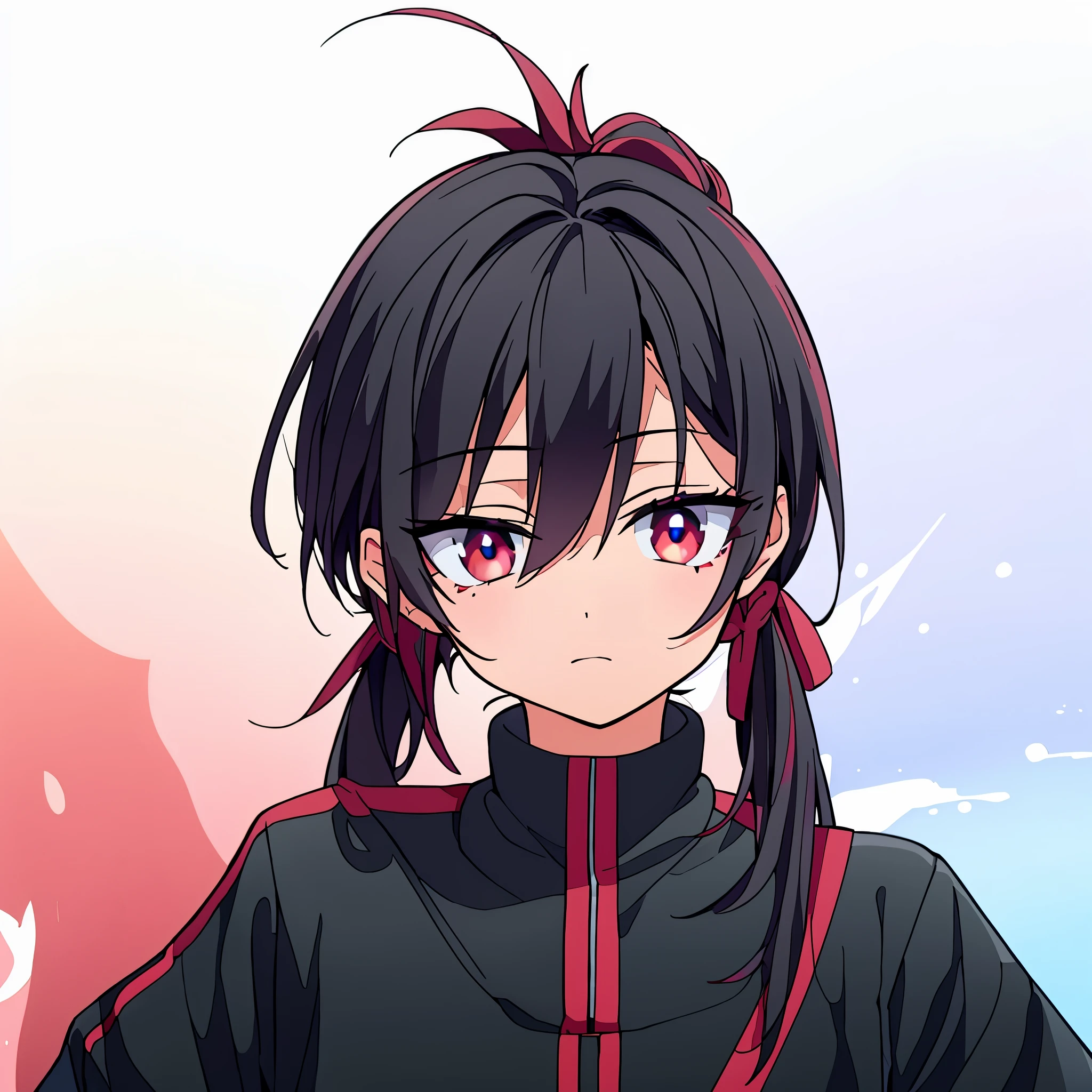 heterochromatic pupils,Eye tail up,The left eye is black,There are highlights,red eye shadow。The right eye is dark red,There is a black cross in the middle,No highlights,There are tear moles in the corners of the eyes,Red highlights around eyes。Unruly hair,black hair,Double tail,Low ponytail,Thin hair at the root and thick at the end,There is a red gradient at the end of the hair