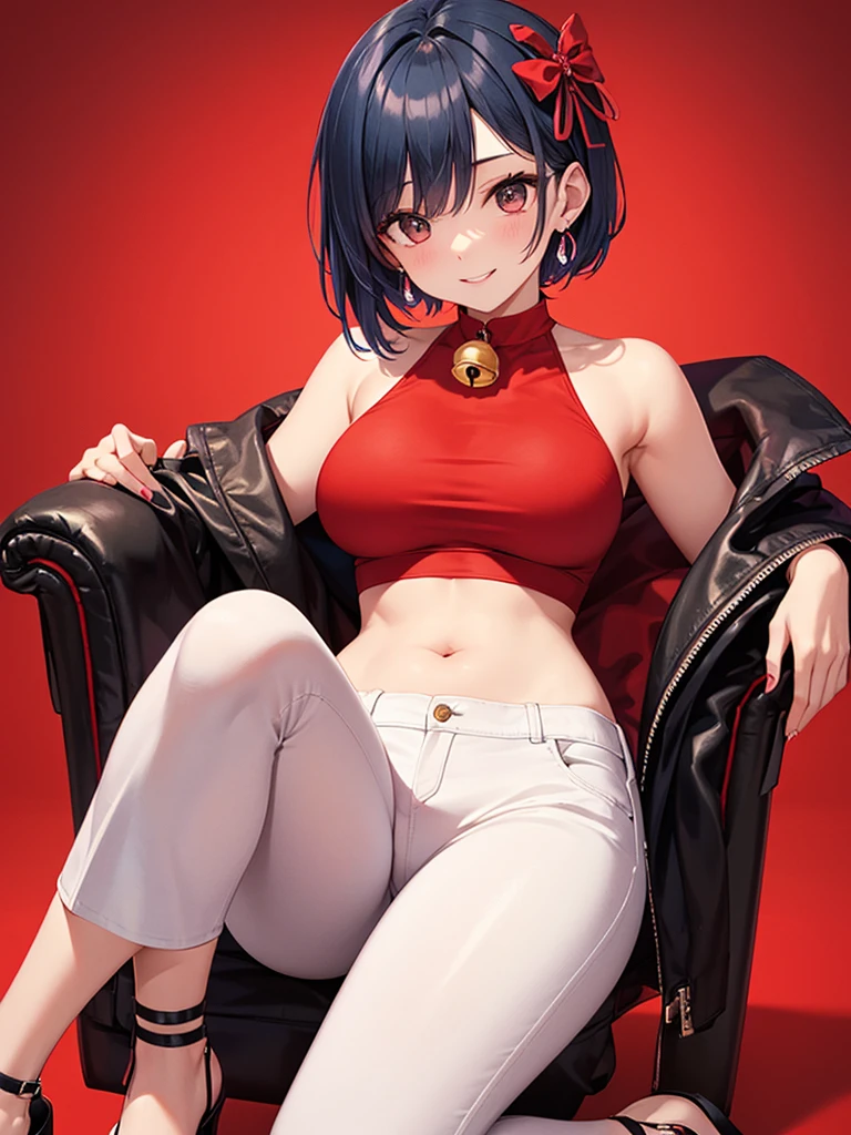 A girl with short bob black hair and wide hips, big butt and huge breasts wearing a full red swimsuit on an armchair with her legs crossed 