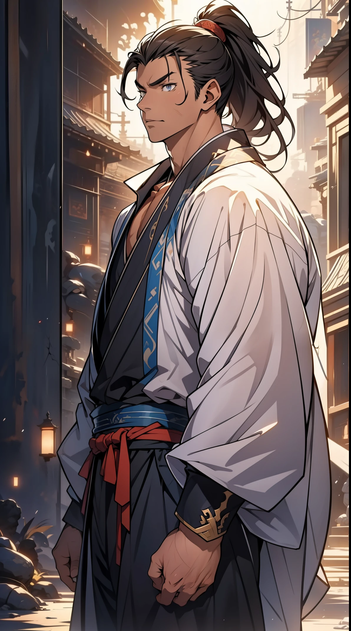 Two dimensions，anime style，one person（male warrior），proportions are correct，facial details，swordsman，high ponytail hairstyle，neck detail，Have an Adam&#39;s apple，Black costume Hanfu，joke，black toga，clothing details，Handing over，long sleeves，Game quality，fencing，Ray tracing，Ray tracing，Detailed glow，CG rendering，hair details，long black hair，s eyes，Handsome，whole body，stand，（Youthful feeling），Clothing is complicated，Perfect composition，refine，high quality，higher details，many details，Complex background，a sense of atmosphere，