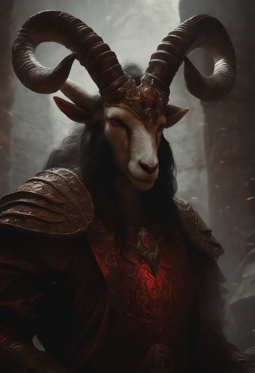 a goat-headed demon with large horns, strong and strong upper body, demon skins, skins, ((claws, wings)), demonic armor, blood splatters, skulls on the ground, standing in a blood ritual, with money around, medieval, dark room, dim light, masterpiece, realistic, oil painting, god-like, evil, ominous