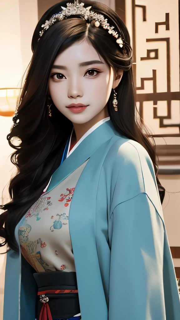 best quality, masterpiece, ultra high resolution, lifelike, (Panorama:1.5), (1 girl),(long hair),(hair accessories:1.4),There is an ancient palace next to the girl,Chinese Hanfu clothes,Black stockings sharp focus, Good shape, whole body,Random pose reference, Single eyelid eyes, high nose bridge、Pointed nose, V-shaped face, pale skin, Smile, Bokeh