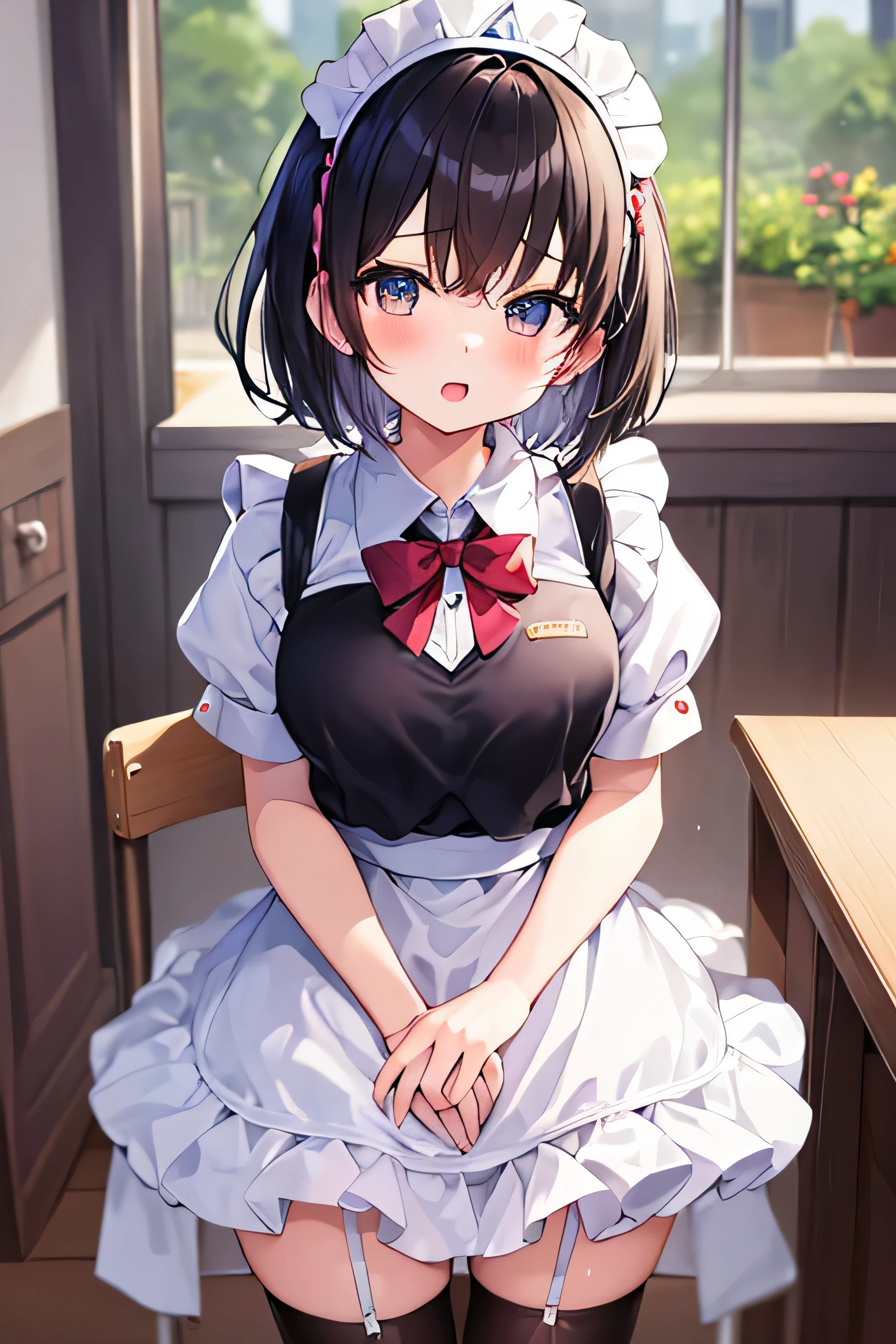 masterpiece、Highest image quality、ultra high resolution、big breasted girl、short hair、red face、mock、Please open your mouth just a little、Short sleeve maid uniform for elementary school skirt for elementary school girls、Maid headband for elementary school girls、Striped knentary school girls、kitchen
