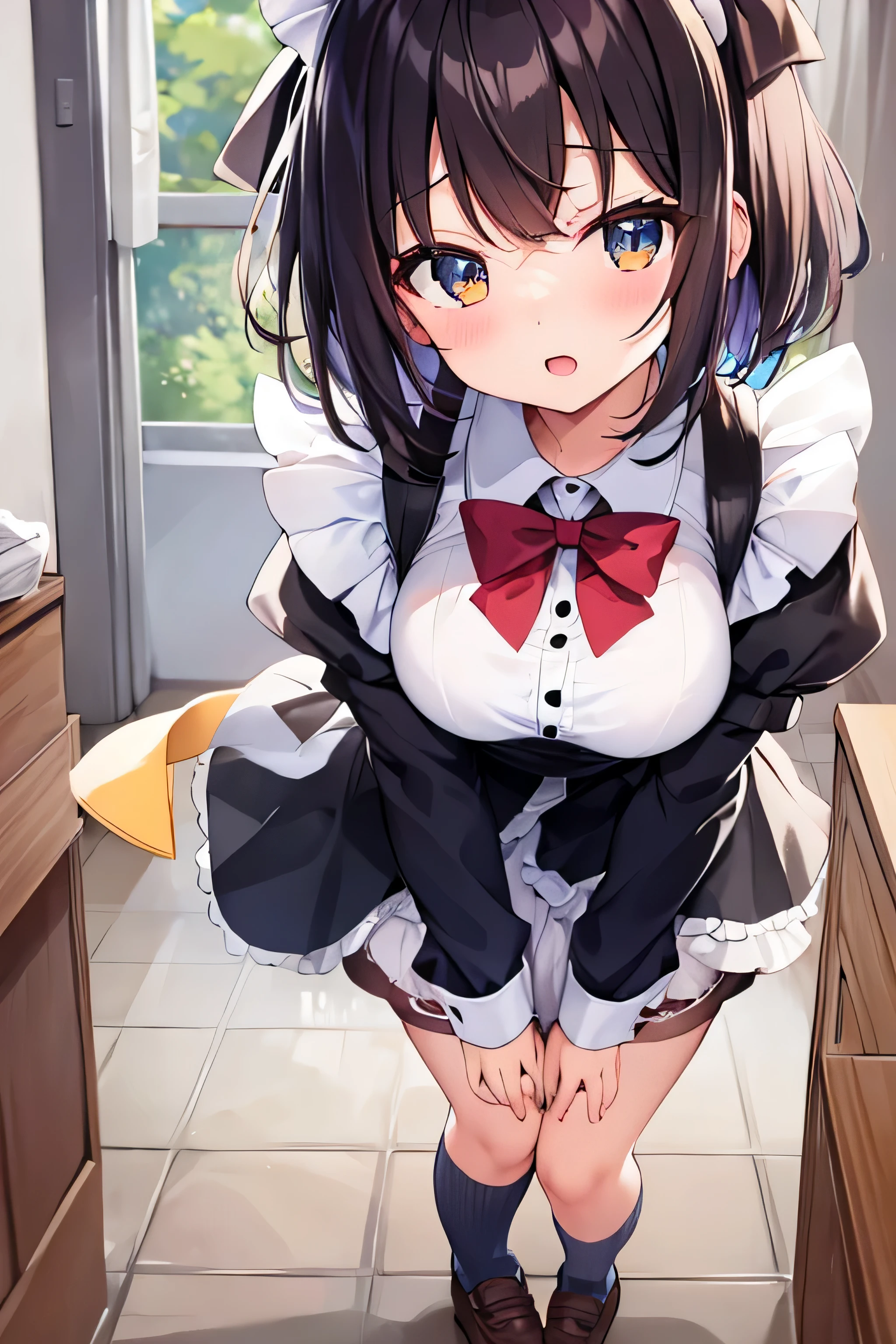 ((2 girls))、((smile))、blush、black shirt、blouse、((fun))、（small breasts）、Chirarism、black hair、(single braid)、((white apron:1.5))、((maid))、((hair ornaments)),  thighs, 壊す in house, ((in house:1.5))、 BREAK looking at viewer、torn skirt，(grab the skirt:1.0)、 (perfect hands, perfect anatomy),cowboy shot、((shaved pussy:1.5))、(skirt that rolls up:1.3)、(Highly detailed labia fully exposed:1.5)、(Photo seen from below:1.3)、skirtlift