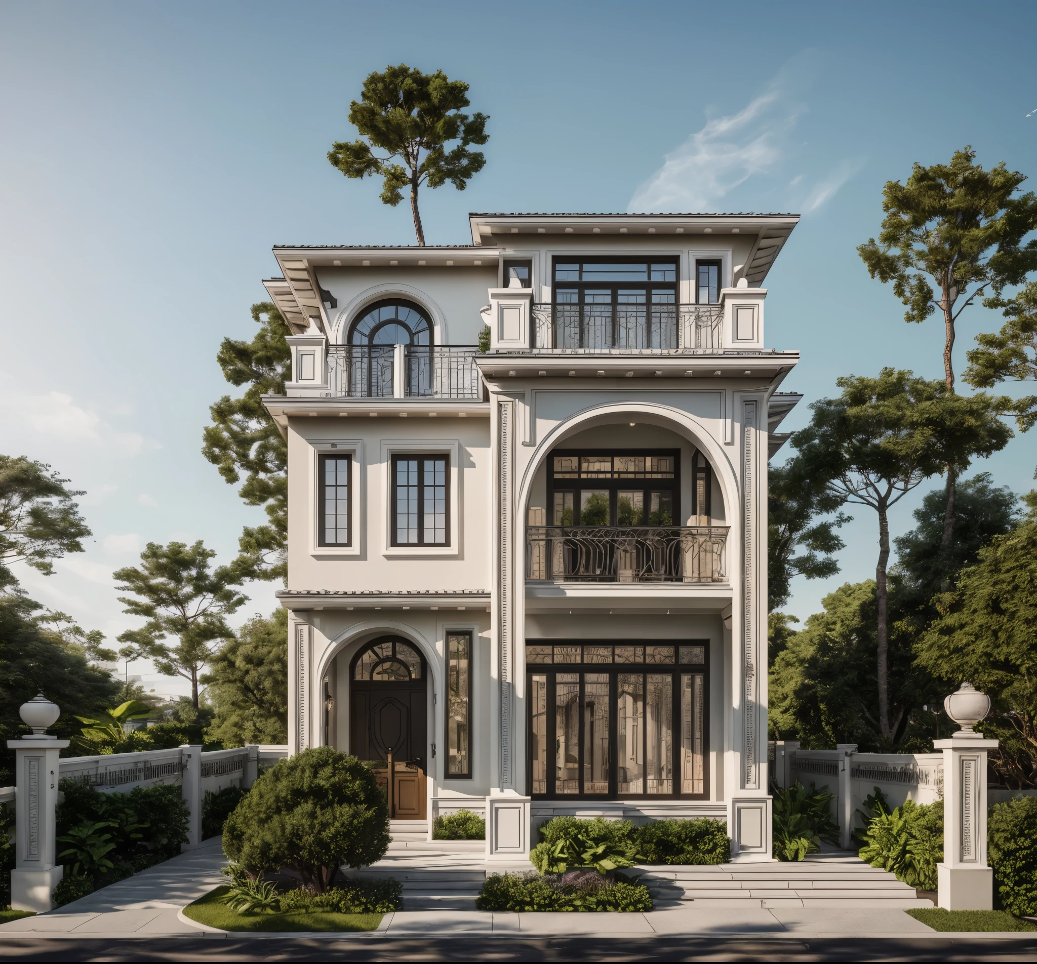 A (Photorealism:1.1) drawing a architect style indochine, car parked in front of a two story building, clean linework, frontview, inter dimensional villa, (white wall:1.1), White column and wall details, (detail roof tile:1.1), (window glass detail:1.1), (wall lamp) 3rd floor details, (Balcony fence details:1.1), exterior design, white detailed sketch, neo - classical style, architectural illustration, realistic architecture, architectural concept, residential design, (masterpiece),(high quality), best quality, real,(realistic), super detailed, (full detail),(4k),8k,architecture, RAW photo,Masterpiece, high quality, best quality, authentic, super detail, exterior, outdoor town house style, street, white wall, louver roof, refection glass windows, climbing plant on the bacony,(straight line architecture arch:1.2), trees, beautifuL sky, (day:1.1),vray, people walking on the sidewalk in front of a house, photo render, corporate photo, digitally enhanced, render, exterior shot, photorealistic, screengrab, (god ray:1.1), digitally painted, transparent, front-view, an illustration of, full - view, discovered photo, still capture, unreal engine 5, octane render, cinematic, front lighting, ultra-detail, ((realistic)) depth of field, photography, ((Super detailed)), FKAA, TXAA, RTX, SSAO, Post Processing, Post-Production, CGI, VFX, SFX, Full color, HDR, Realistic,8k,((Unreal Engine 5)), Cinematic intricate detail, extreme detail, science, hyper-detail, FKAA, super detail, super realistic, crazy detail, intricate detail, reflected light on glass, eye-catching wall lights, unreal engine 5, octane render, cinematic, 8K,Detailed, High-fidelity, Viwvid, Crisp, The sun shines on the project, Sharp, soft lighting, Bright, Stunning low, ((Lifelike)), Natural, ((Eye-catching)), Illuminating, Flawless, High-quality,Sharp edge rendering
