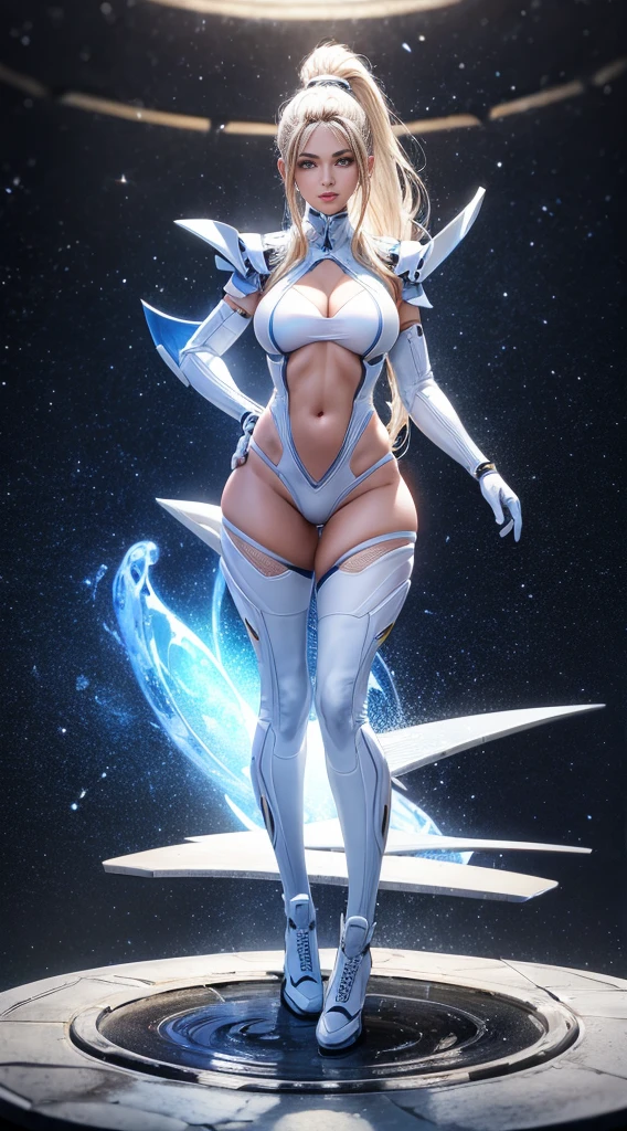 full-body shot,masterpiece,Extreme,Beautiful girl with fair skin,With a high ponytail,,Cold eyes,Wearing a transparent white shaping future technology armor,Expose the crotch,Expose the navel and lower abdomen,Standing in the starry sky,Showing off underwear and proud body