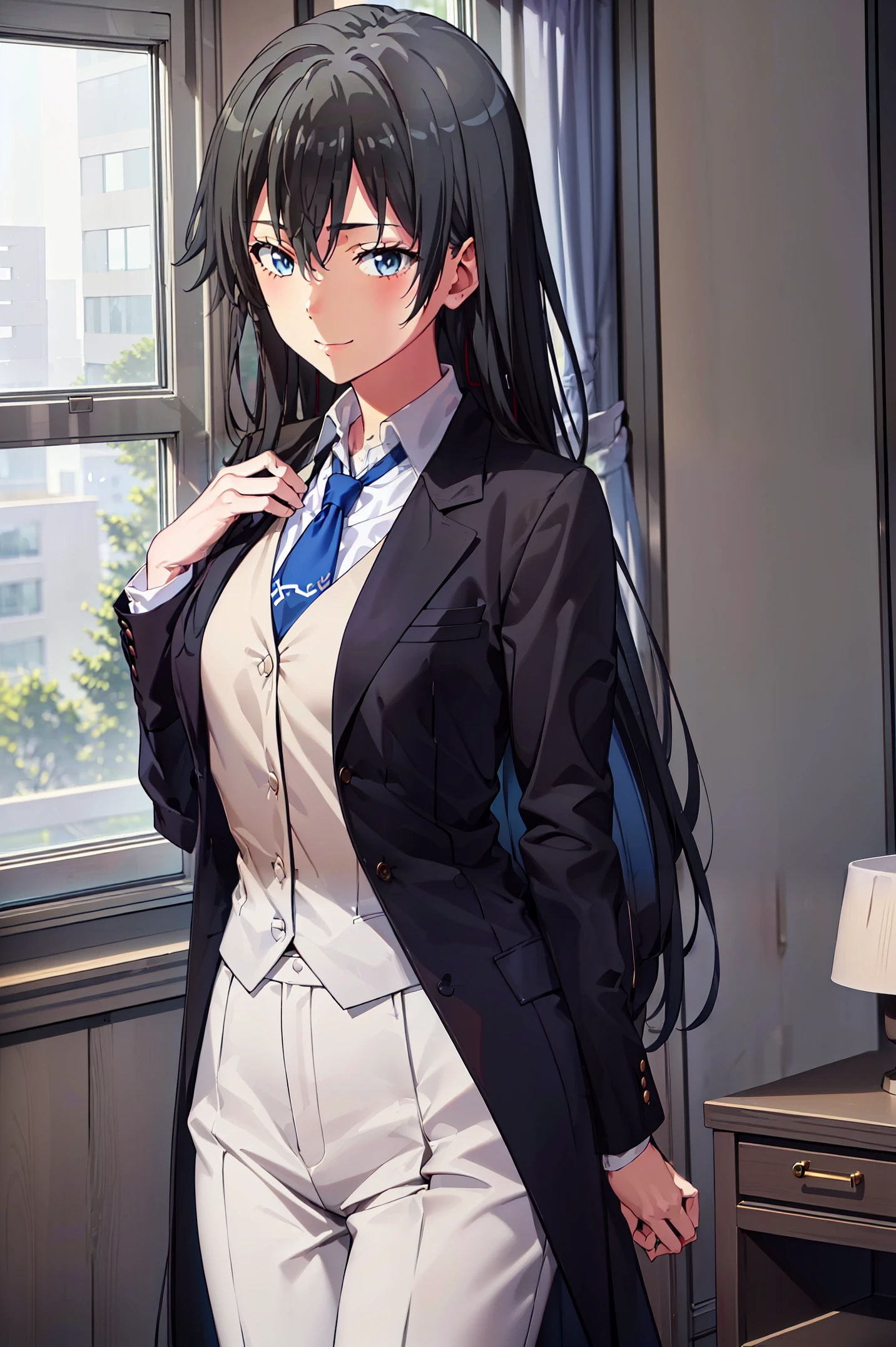 ((best quality)), ((masterpiece)), (detailed) 1girl 1girl, ;\), blurry, blurry_background, breasts, , hair_long , looking_at_viewer, ok_sign, one_eye_closed, open_hand, Yukinoshita Yukino ,Woman wearing formal clothes, An attractive coat stands in a large gap in the room , 1girl, 独奏, blue necktie, Black hair, eyes blue, long hair, smile , collared shirt, white pants, white shirt , Elegantly designed coat , Stand in front of a window ,Perfectly tailored tailcoat. It has a stunning Victorian design and is made of lustrous fabric , soft thighs , full body