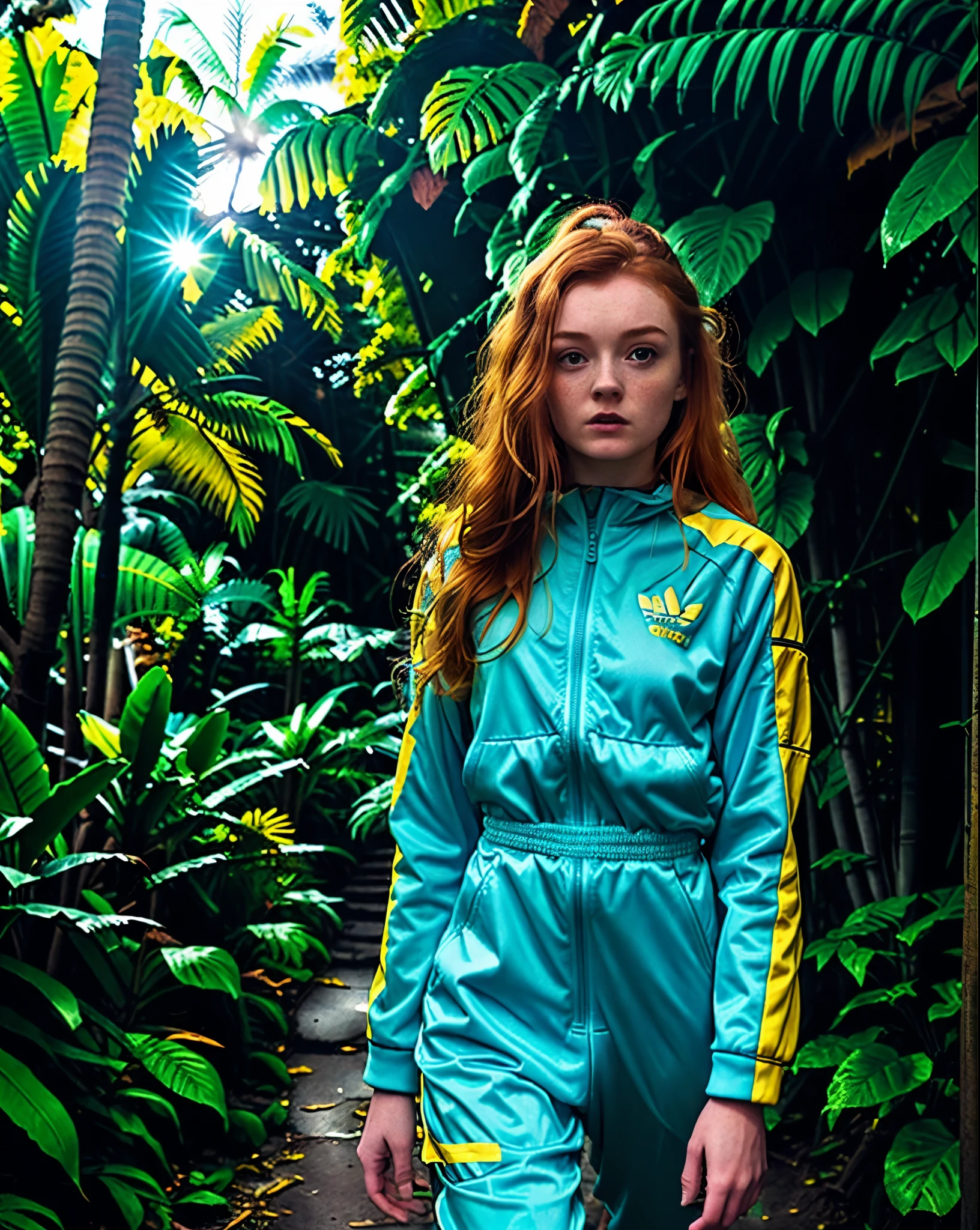 there is a woman in a blue and yellow suit walking down a path, sadie sink, wearing a track suit, with teal clothes, in flight suit, flight suit, chappie in an adidas track suit, wearing flight suit, wearing a tracksuit, teal suit, wearing human air force jumpsuit, ellie bamber fairy, wearing atompunk jumpsuit, in a jungle