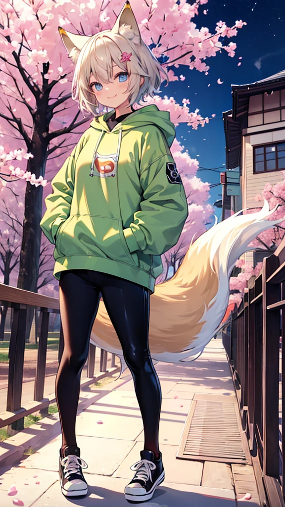 masterpiece,highest quality,fox girl,He&#39;s wearing a big oversized hoodie and his chucks are fully open.、I'm sticking my hands in my pockets。.,wearing long black tights,Latex Pants,very clear light blue eyes,short hair,Moe sleeves,The image color is matcha brown,smiling face,flat chest,Cherry blossoms at night,