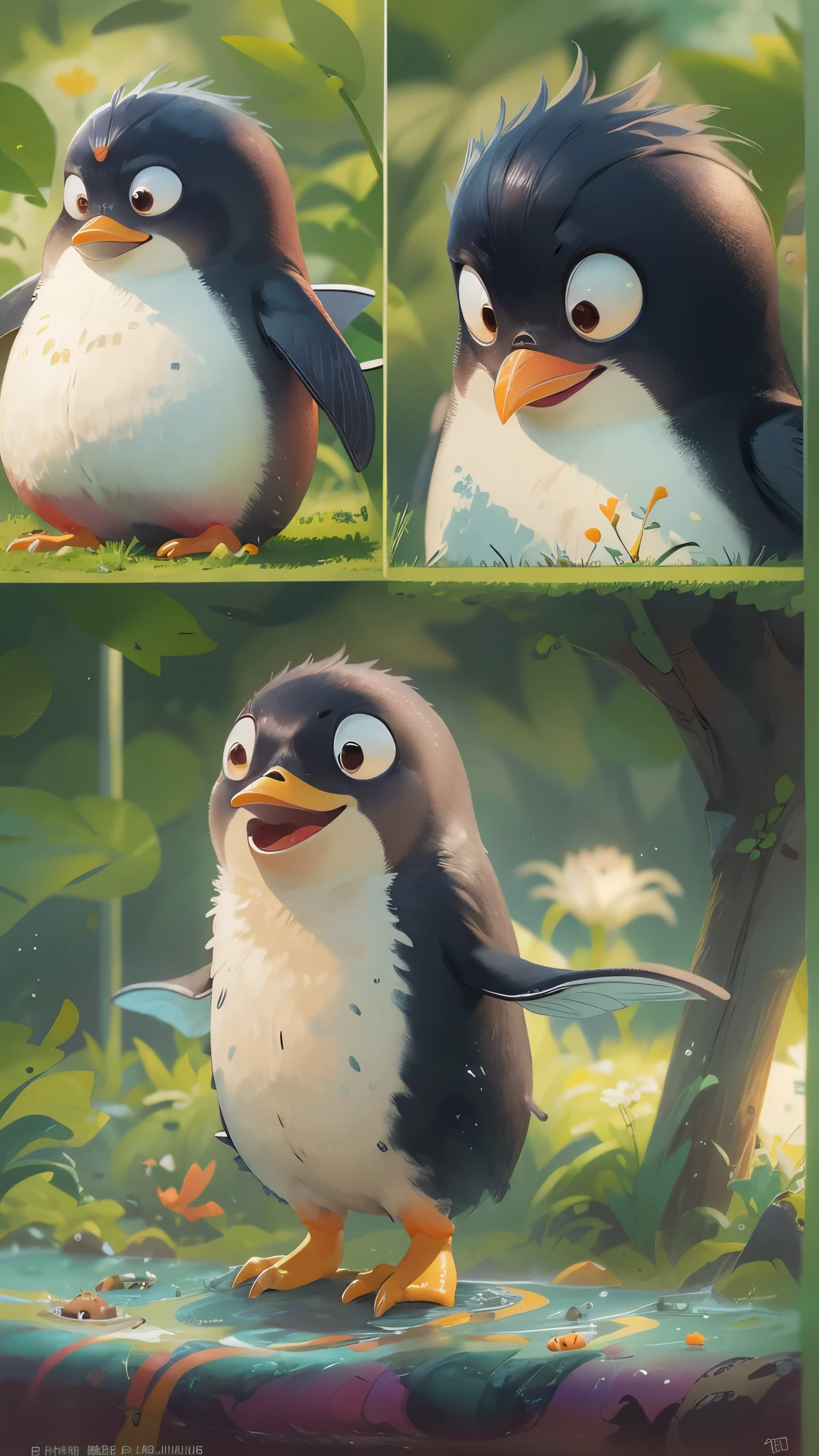 可爱的emperorpenguin在水中捉鱼， penguin and fish，Pixar style, best quality, stills, very cute, big eyes,   ，orange beak,  correct beak，Very happy，emperorpenguin，high details, high quality, masterpiece, ccurate, super detail，