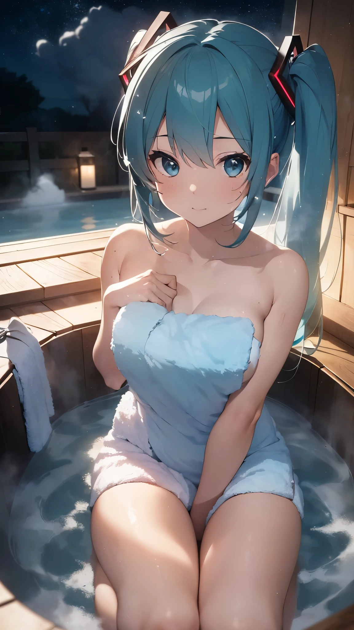 (Masterpiece,Super Detail,in 8K,best composition,moody rim lighting,photorealsitic,dynamic shot:1.5),view from the front,solo,(Hatsune Miku,light blue twin tai:1.5),detailed beautiful eyes,looking at the camera,mischievous smile,sticky luster,super detailed sticky wet skin,big tits,cleavag,sit and spread legs apart,kneel up,(cover the body with a bath towel:1.7),fantastic night sky,in luxury open-air rock bath,vaguely illuminated by lantern lights,(full of steam,particles of light:1.5), depth of fields