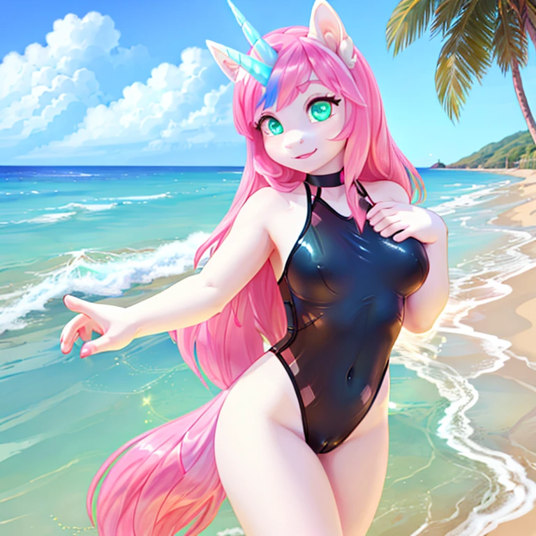 unicorn with white fur with long Pink hairs with Blue Highlights and glowing Green eyes wearing Black swimsuit looking at her hand while other hand  on her breast there are some traces of magic floating around her she is in a beach