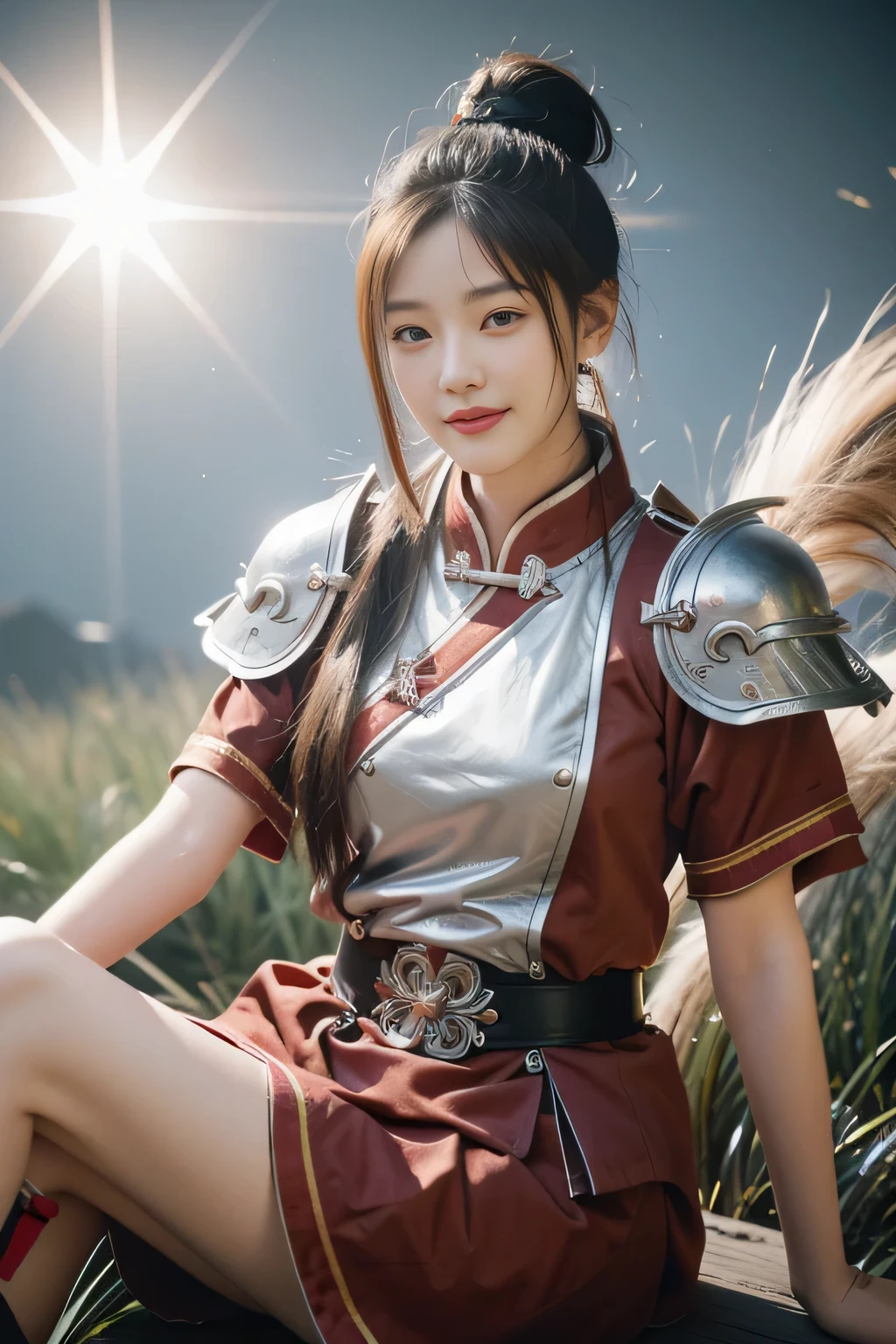 Chinese female general Hua Mulan,Reddish brown Confucian robe lining,Silver metal breastplate,battlefield background,majestic,Smile(open mouth)(The corners of the mouth are raised),Leather tunic,Knee pads,eight clones,sunshine on face,silver metal headband,Hair bun raised high。wild wilderness background