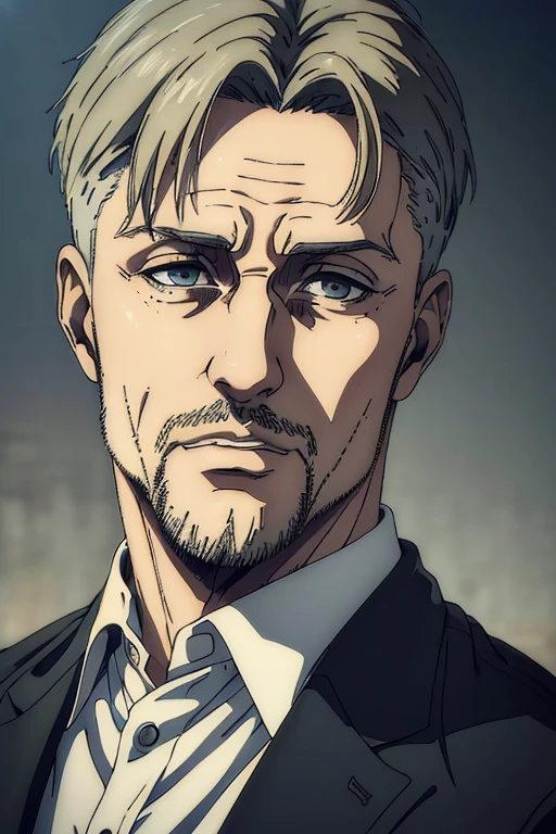 (best quality,4k,8k,highres,masterpiece:1.2),ultra-detailed,(realistic,photorealistic,photo-realistic:1.37),portraits,mappa art style, 45 old male character,grey eyes,short blonde hair,split hairstyle,black suit,distinguished look,sharp jawline, stubble beard ,some wrinkles on forehead and cheeks 