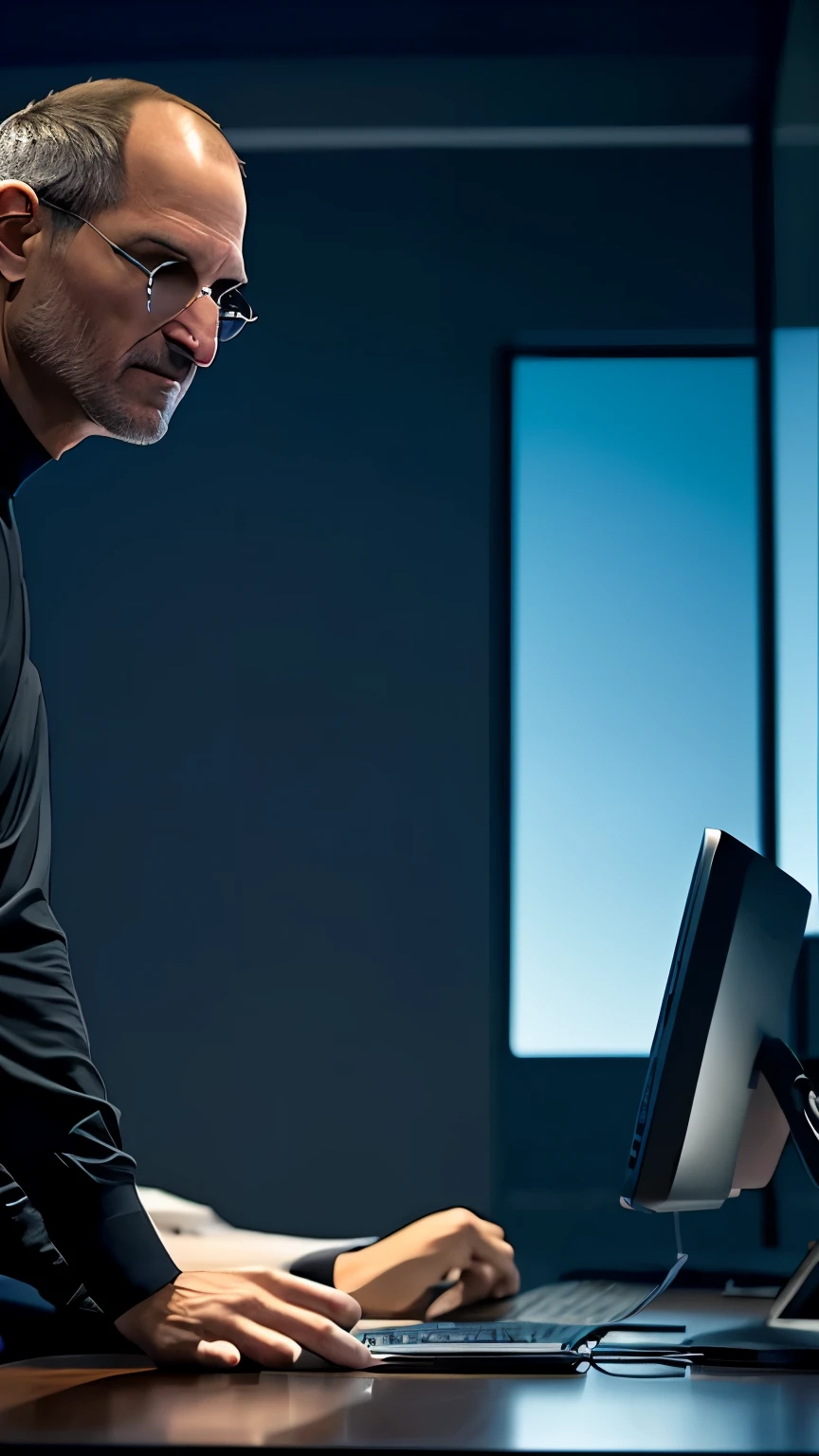 steve jobs working in his office, wide shot, ultrarealistic, night