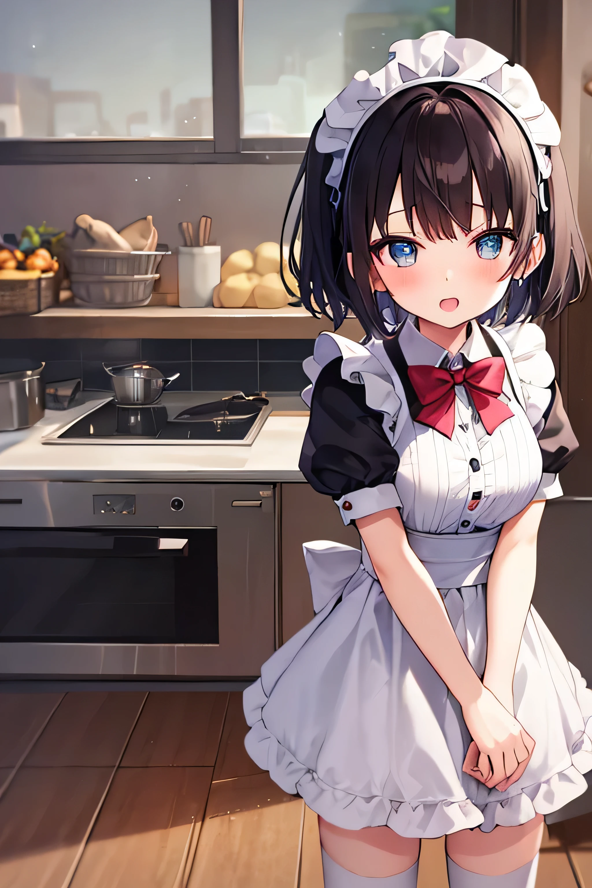 masterpiece、Highest image quality、ultra high resolution、big breasted girl、short hair、red face、mock、Please open your mouth just a little、Short sleeve maid uniform for elementary school skirt for elementary school girls、Maid headband for elementary school girls、Striped knentary school girls、kitchen