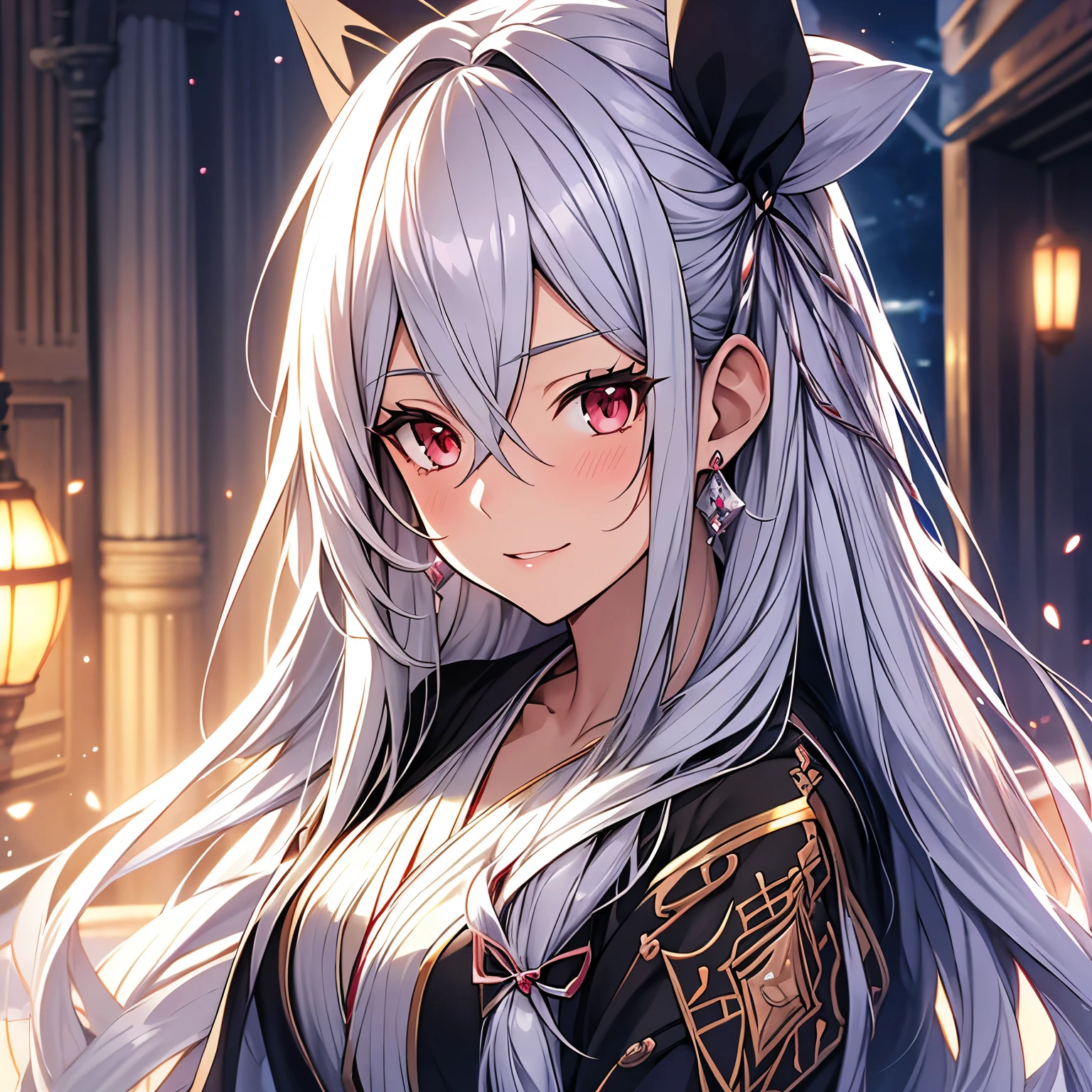 long hair, (crystal earrings:0.7), (blush, smile:0.8), silver hair, (hair strand:0.9), (ribbon:1.1), (parted lips:0.9), (ultra-detailed, highres:1.0), silver hair, (tachi-e:1.2), anime style,(character chart:1.1)