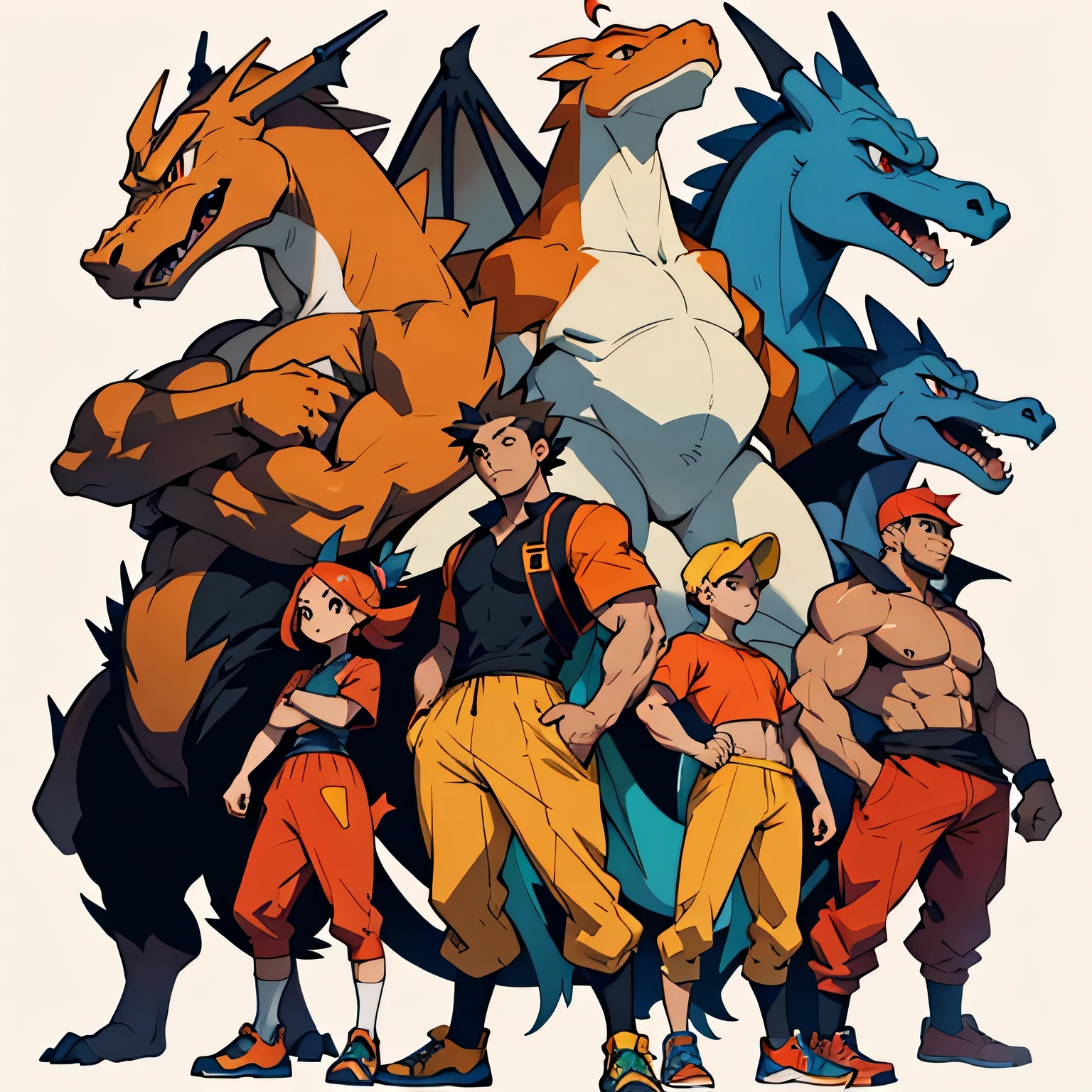 character generation, near, Colorful animated thick strokes, crack, Dynamic full body poses, animation style, Pokemon, Charizard, anthropomorphism, anthropomorphism, anthropomorphism하다