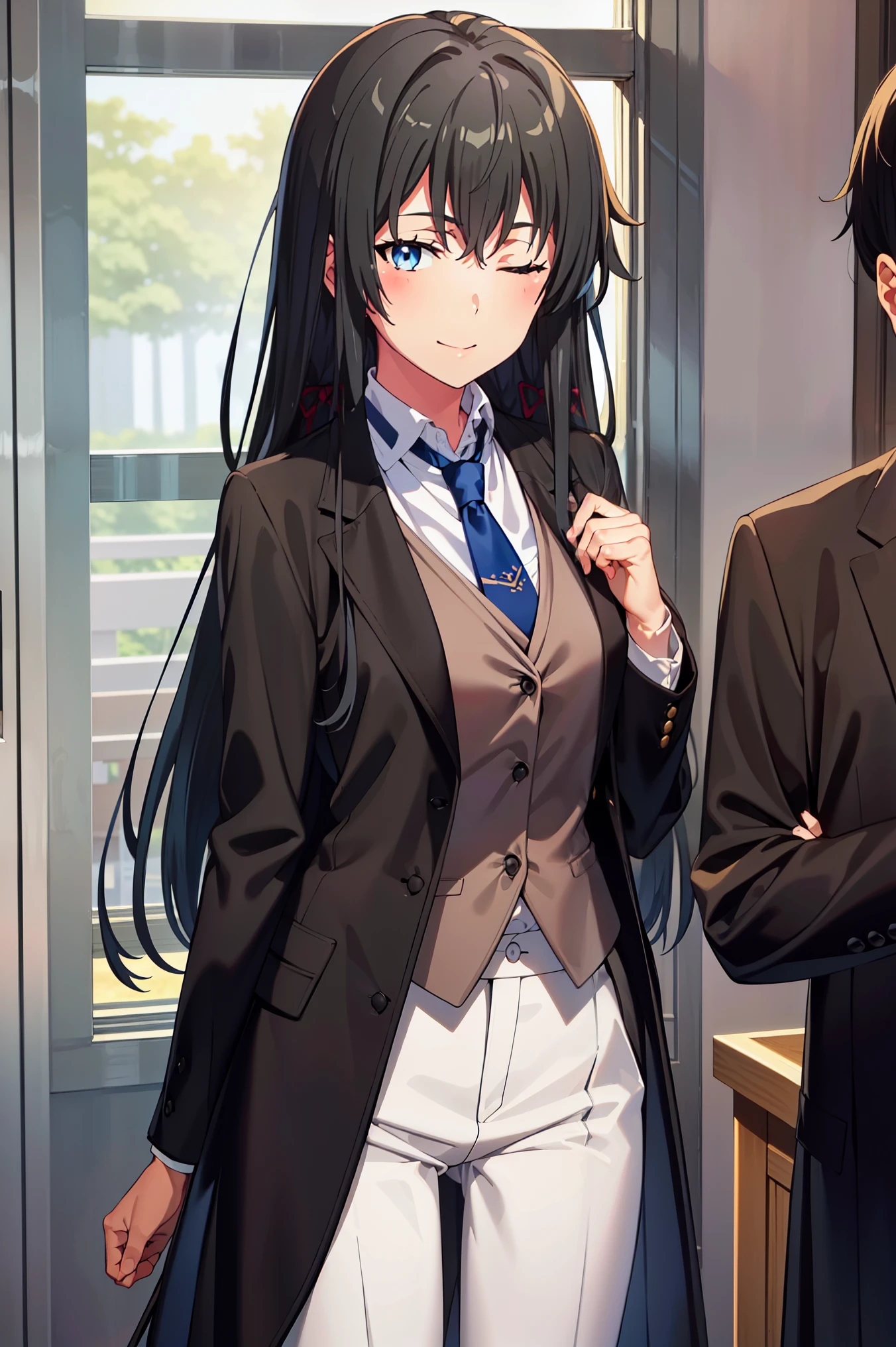 ((best quality)), ((masterpiece)), (detailed) 1girl 1girl, ;\), blurry, blurry_background, breasts, , hair_long , looking_at_viewer, ok_sign, one_eye_closed, open_hand, Yukinoshita Yukino ,Woman wearing formal clothes, An attractive coat stands in a large gap in the room , 1girl, 独奏, blue necktie, Black hair, eyes blue, long hair, smile , collared shirt, white pants, white shirt , Elegantly designed coat , Stand in front of a window ,Perfectly tailored tailcoat. It has a stunning Victorian design and is made of lustrous fabric , soft thighs , full body