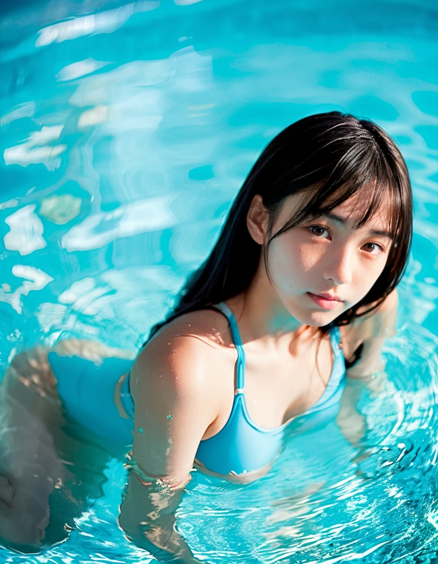 Japanese、Beautiful girl in swimsuit、14 years old、floating in the pool、