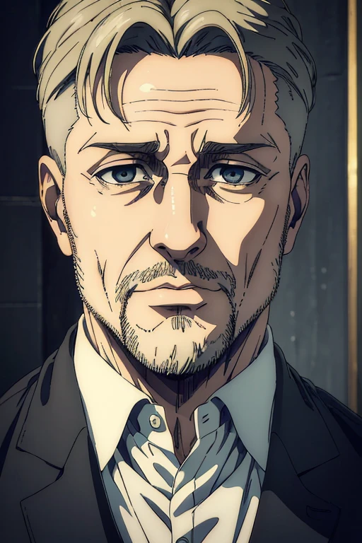 (best quality,4k,8k,highres,masterpiece:1.2),ultra-detailed,(realistic,photorealistic,photo-realistic:1.37),portraits,mappa art style, 45 old male character,grey eyes,short blonde hair,split hairstyle,black suit,distinguished look,sharp jawline, stubble beard ,some wrinkles on forehead and cheeks 