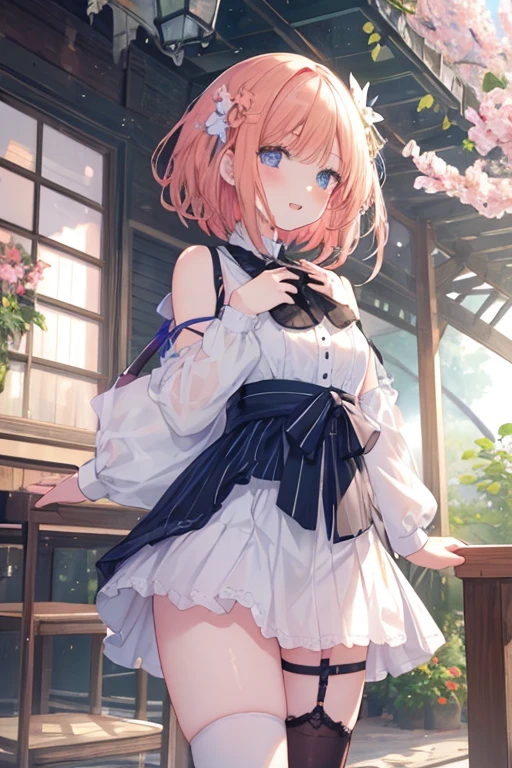 Hide hands, {{{One girl}}}, Beautiful detailed girl, GameCG, spring blossoms, outside one curl, Short bob hair, pastel orange hair, Blue eyes,Stylish accessories solo, bustup, medium shoot, femele, takeout, A smile, small tits,,Pastel green mini skirt,Black Knee High,Opening Mouth, Daytime Classroom, amazing, Beautiful detailed eyes, Best Quality, Super delicate,masuter piece,Best Quality,(Official art、Best Quality、Unity 8k Wallpapers、32K、masterpiece、ultra-detailliert、超A high resolution、realisitic、Photorealsitic:1.2)、(Cinematic lighting:1.2)、Fireglow effect、The grainiest shadow of the film、side lights、sideshot、(ultra-detailliertで複雑な3Dレンダリング)、Atelier Series,