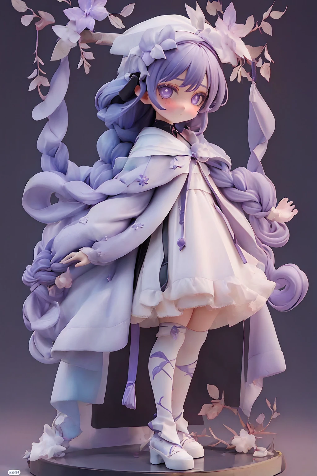 (full body standing painting), solo, master piece,best quality,8K, clear land clean background, micro close up, 01 Wawa, 1 girl, alone, cyanosis, bangs, purple_eye, kuroko_Down_eye, kuroko, decoration, Braid, blush, generally, wide_dispel, armor, ribbon, Braided,twist_ponytail, purple_generally, (perfect detail eyes:1.2), (high quality:1.2), (high detail:1.2), (masterpiece:1.2), (very detailed:1.2), figure,Paintbrush, solo, (white background), simple back gown, masterpiece, 最high quality, figure, , beautiful detailed shine, Beautiful detailed eyes, abdomen, big head, Chibi, full body esbian
