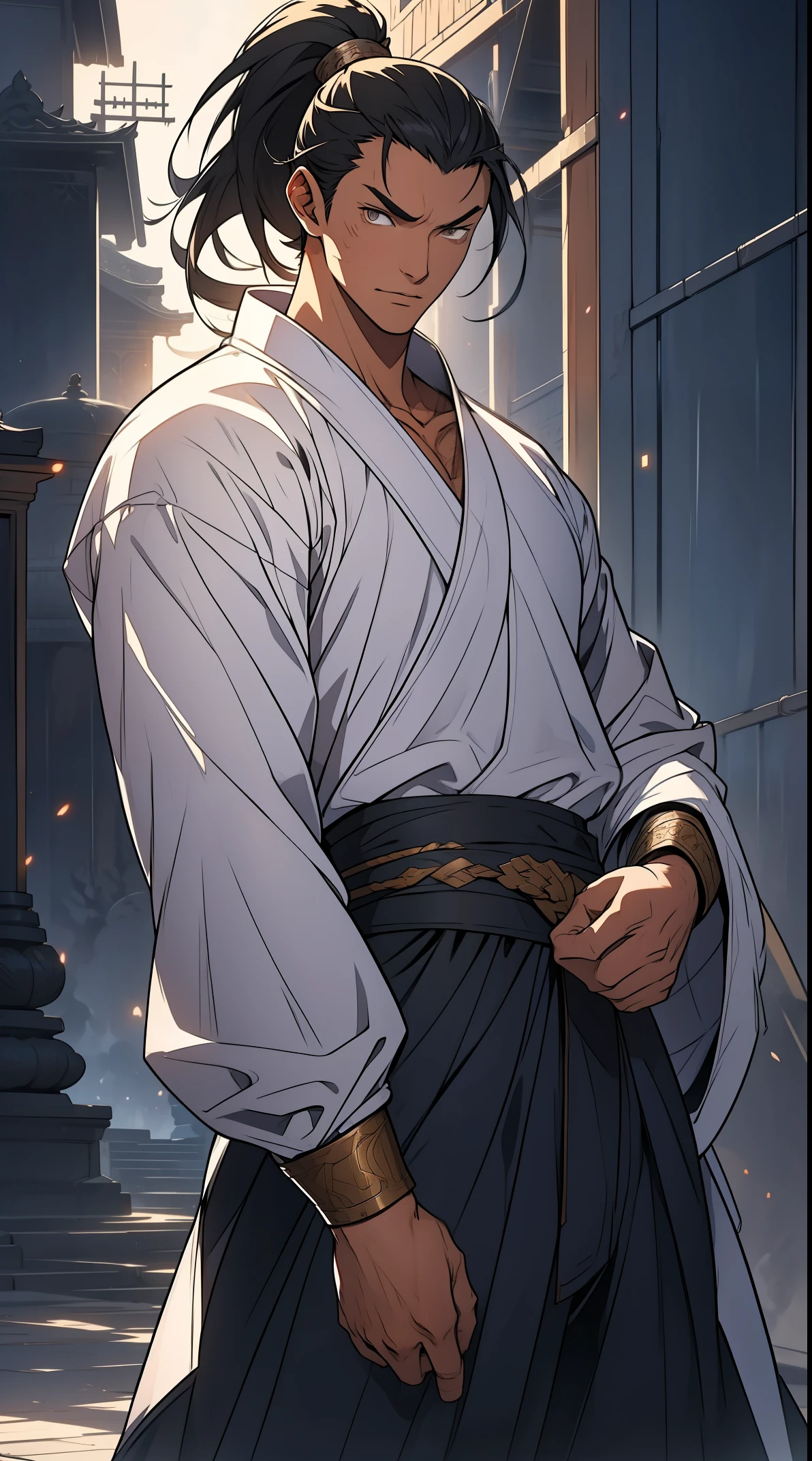 Two dimensions,anime style,one person(male),proportions are correct,facial details,swordsman,high ponytail hairstyle,neck detail,Have an Adam's apple,Black period costume,serious,black toga,clothing details,Handing over,long sleeves,Game quality,fencing,Ray tracing,Ray tracing,Detailed glow,CG rendering,hair details,long black hair,s eyes,Handsome,whole body,stand,(Youthful feeling),Clothing is complicated,Perfect composition,refine,high quality,higher details,many details,Complex background,a sense of atmosphere,