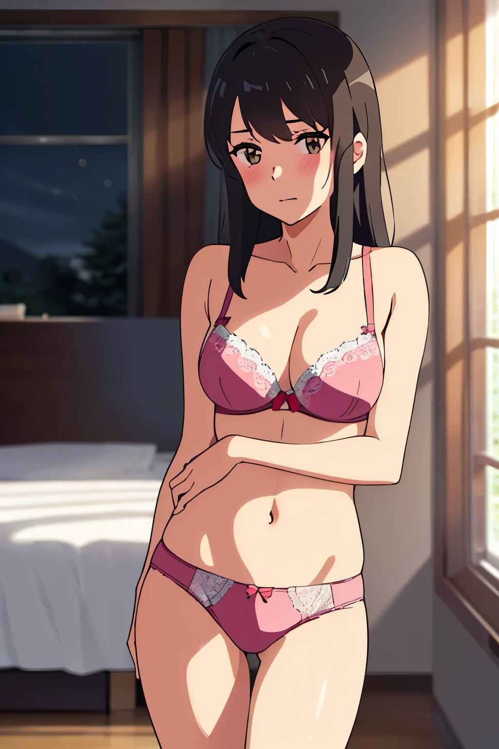shinkai makoto, kimi no na wa., 1girl, bangs, black hair, brown eyes, waterfall braid, red ribbon, long hair, solo, blush, looking at the viewer, bedroom, night, lamp, light off, light pink bra, breast, medium breast, light pink panties, masterpiece,