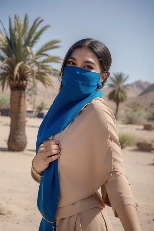 generate an image of a young, culturally dressed Indonesian gagged with blue bandana over the mouth girl joyfully performing a traditional dance wearing belly dancer attire in a vibrant desert setting. Capture the essence of her expressing the beauty of her culture through dance, creating a scene that is colorful, lively, and culturally rich. Avoid any elements that may be deemed inappropriate or harmful