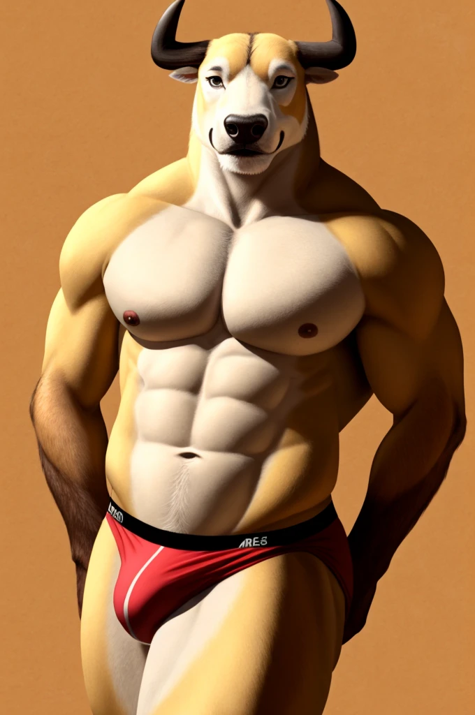 (best quality,4k,8k,highres,masterpiece:1.2), ultra-detailed, (realistic,photorealistic,photo-realistic:1.37), oil painting, solo,
furry, anthro bull, detailed fur texture, muscular body, strong and powerful appearance, expressive eyes, defined facial features, charming smile, masculine presence,
standing, confident posture, hands behind back, wearing stylish and form-fitting underwear, simple background, emphasizing the character,
front view, showcasing the bull's majestic presence,
inspired by bebebebebe's art style, incorporating buta99's artistic flair, capturing the essence of inu-sama's unique perspective.