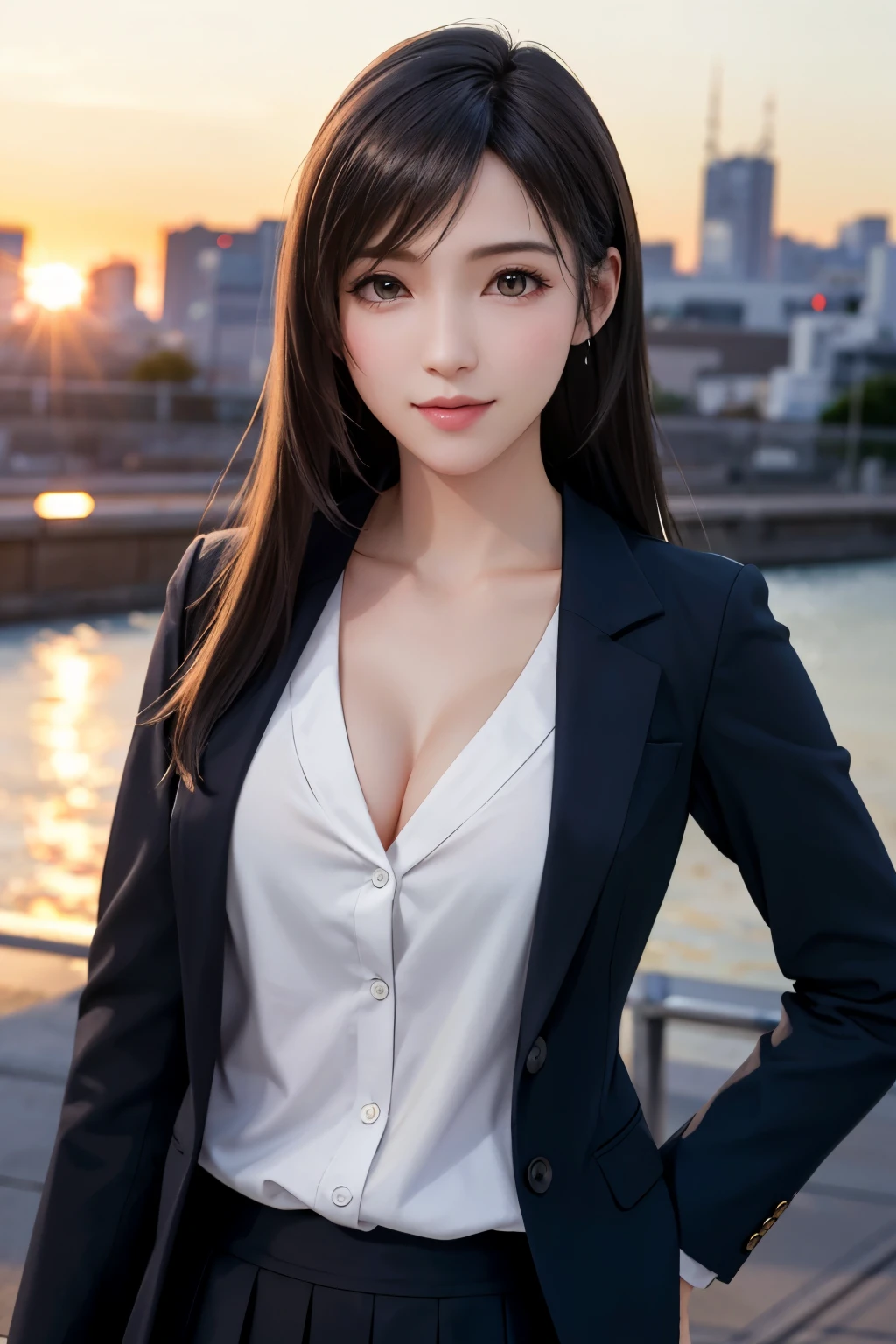 (Top Quality, Masterpiece: 1.1), (Realistic: 1.3), BREAK (((FF7,Tifa_lockhart))),Ultra-detailed face, Detailed eyes,(black Brown Hair, Large breasts: 1.2),(tokyo,background is Unique The City,at Sunrise),  BREAK winter,(tifa wearing school uniform:1.4, pleated skirt, button-down shirt,long sleeve,cardigan),clothed,winter,(shiny oiled skin: 1.1), about 18 years old, BREAK ,smile,kawaii,(sexy pose:1.2),ultra high res,ultra high quality