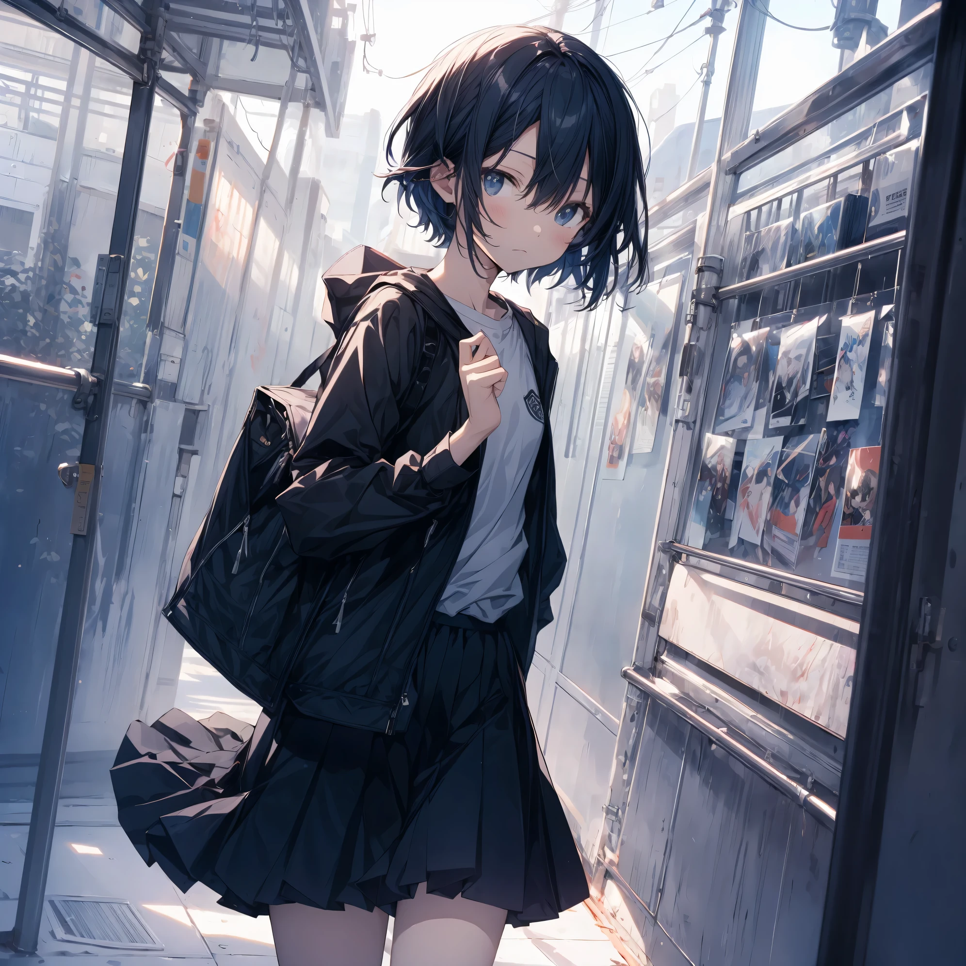 super highest quality, super detailed, High resolution, anime moe art style, best anime 8K konachan wallpaper, pixiv contest winner, perfect anatomy, break,(眠そうにalone学校へ行く女の子を描いてください. ),break, surreal high school girl, (alone,change, child,:1.3),All limbs, full finger,Middle school students, androgynous charm, ((very short hair)), messy hair, flat chest, small ass, between legs, Small black eyes,beautiful and fine eyes, Well-proportioned iris and pupils, disgusted eyes, High resolutionの詳細な髪, school uniform, (skirt), On the way to school. break,super dense skin, Best lighting by famous artists, 8K, figure,