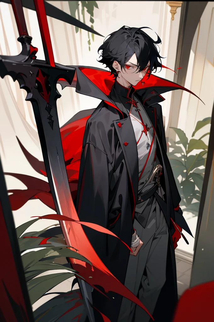 (masterpiece, best quality), black short hair, plant, looking at viewer, red eyes, Sharp eyes, red sword, black coat, long sleeves, indoors, solo focus, standing, 1man, 25 years old, jewelry, earrings, open clothes