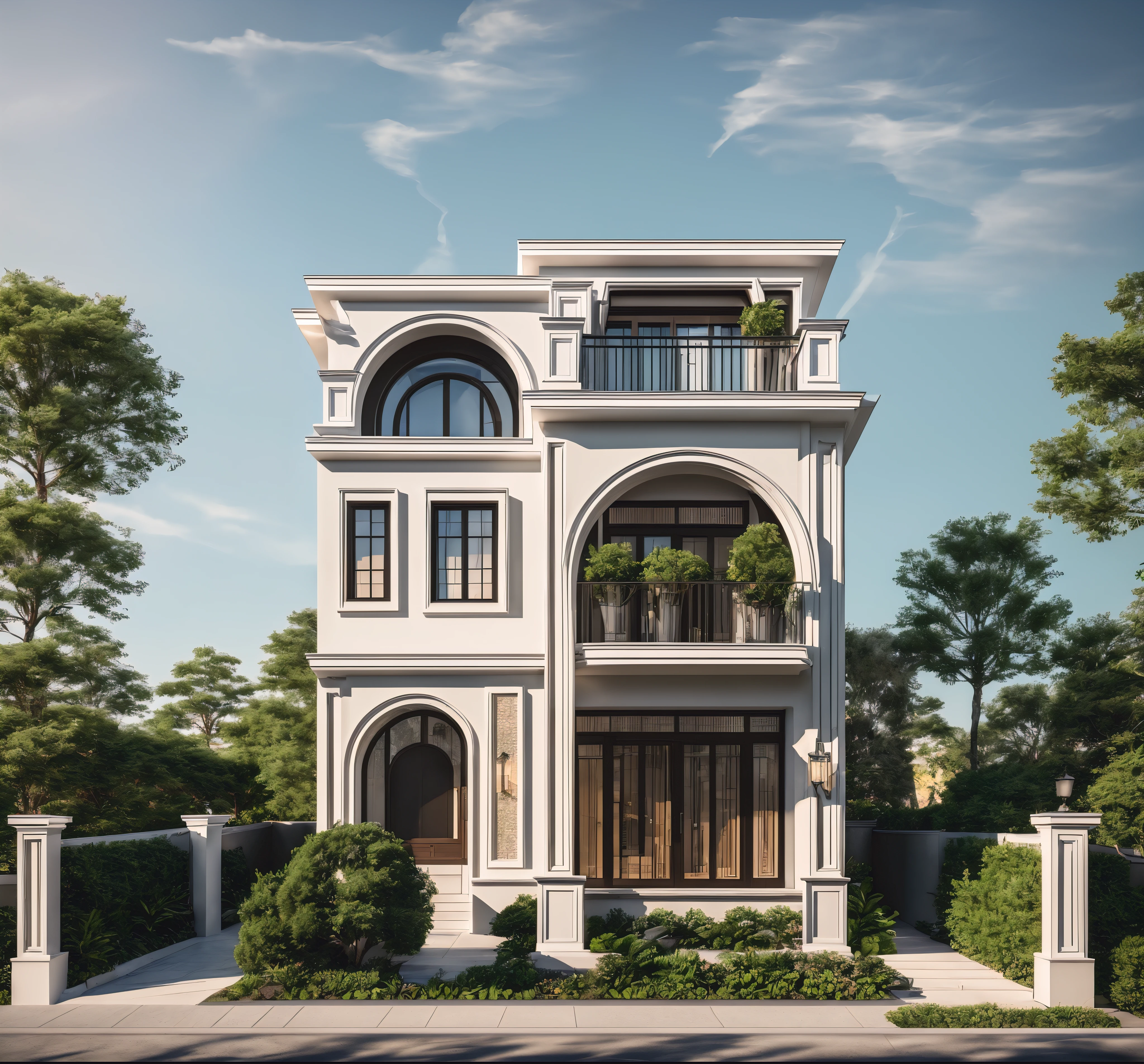 A (Photorealism:1.1) drawing a architect style indochine, car parked in front of a two story building, clean linework, frontview, inter dimensional villa, (white wall:1.1), White column and wall details, (detail roof tile:1.1), (window glass detail:1.1), (wall lamp) 3rd floor details, (Balcony fence details:1.1), exterior design, white detailed sketch, neo - classical style, architectural illustration, realistic architecture, architectural concept, residential design, (masterpiece),(high quality), best quality, real,(realistic), super detailed, (full detail),(4k),8k,architecture, RAW photo,Masterpiece, high quality, best quality, authentic, super detail, exterior, outdoor town house style, street, white wall, louver roof, refection glass windows, climbing plant on the bacony,(straight line architecture arch:1.2), trees, beautifuL sky, (day:1.1),vray, people walking on the sidewalk in front of a house, photo render, corporate photo, digitally enhanced, render, exterior shot, photorealistic, screengrab, (god ray:1.1), digitally painted, transparent, front-view, an illustration of, full - view, discovered photo, still capture, unreal engine 5, octane render, cinematic, front lighting, ultra-detail, ((realistic)) depth of field, photography, ((Super detailed)), FKAA, TXAA, RTX, SSAO, Post Processing, Post-Production, CGI, VFX, SFX, Full color, HDR, Realistic,8k,((Unreal Engine 5)), Cinematic intricate detail, extreme detail, science, hyper-detail, FKAA, super detail, super realistic, crazy detail, intricate detail, reflected light on glass, eye-catching wall lights, unreal engine 5, octane render, cinematic, 8K,Detailed, High-fidelity, Viwvid, Crisp, The sun shines on the project, Sharp, soft lighting, Bright, Stunning low, ((Lifelike)), Natural, ((Eye-catching)), Illuminating, Flawless, High-quality,Sharp edge rendering