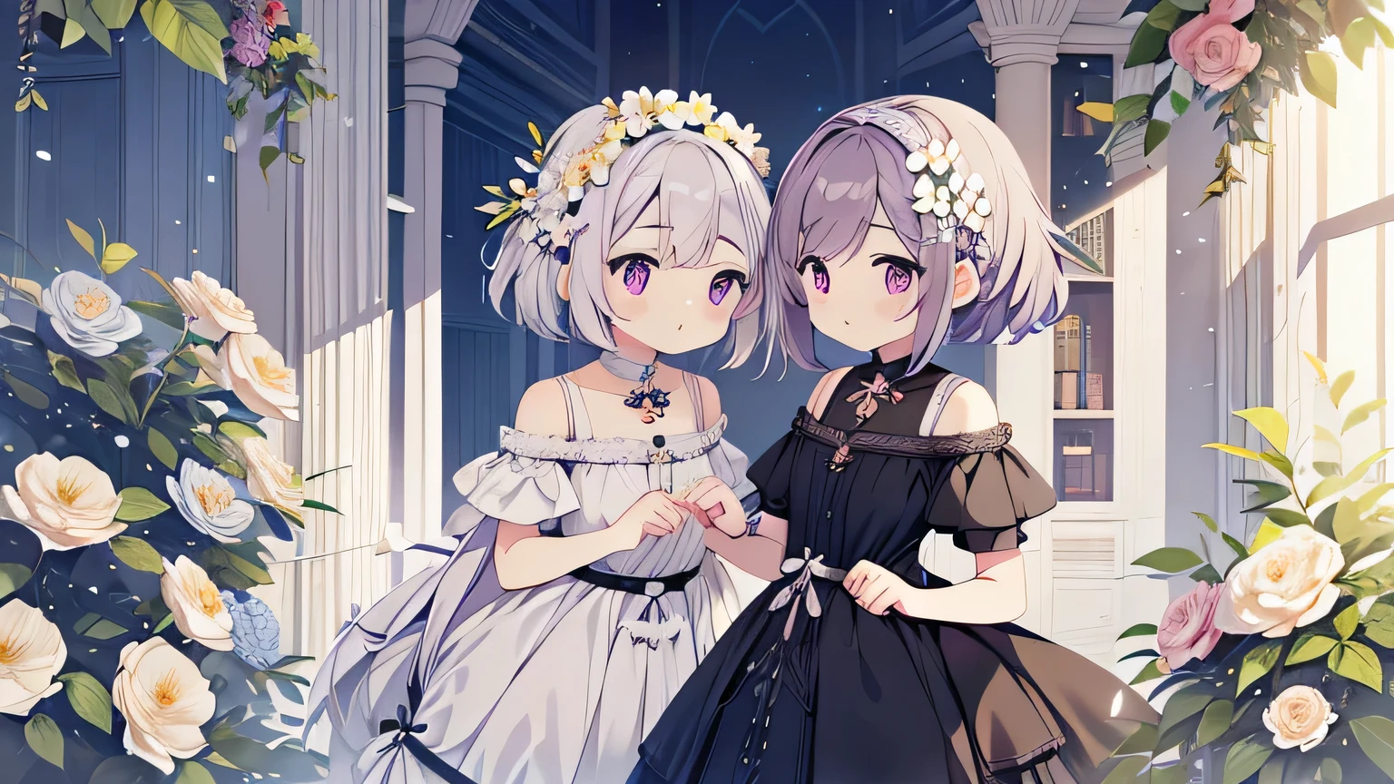 2 girls、black dress、Chiquita、There is a small one、pale mauve hair、Mauve eyes、White eyelashes、short hair、Purple flower hair ornament、be quiet、whitening、Flower garden in the background