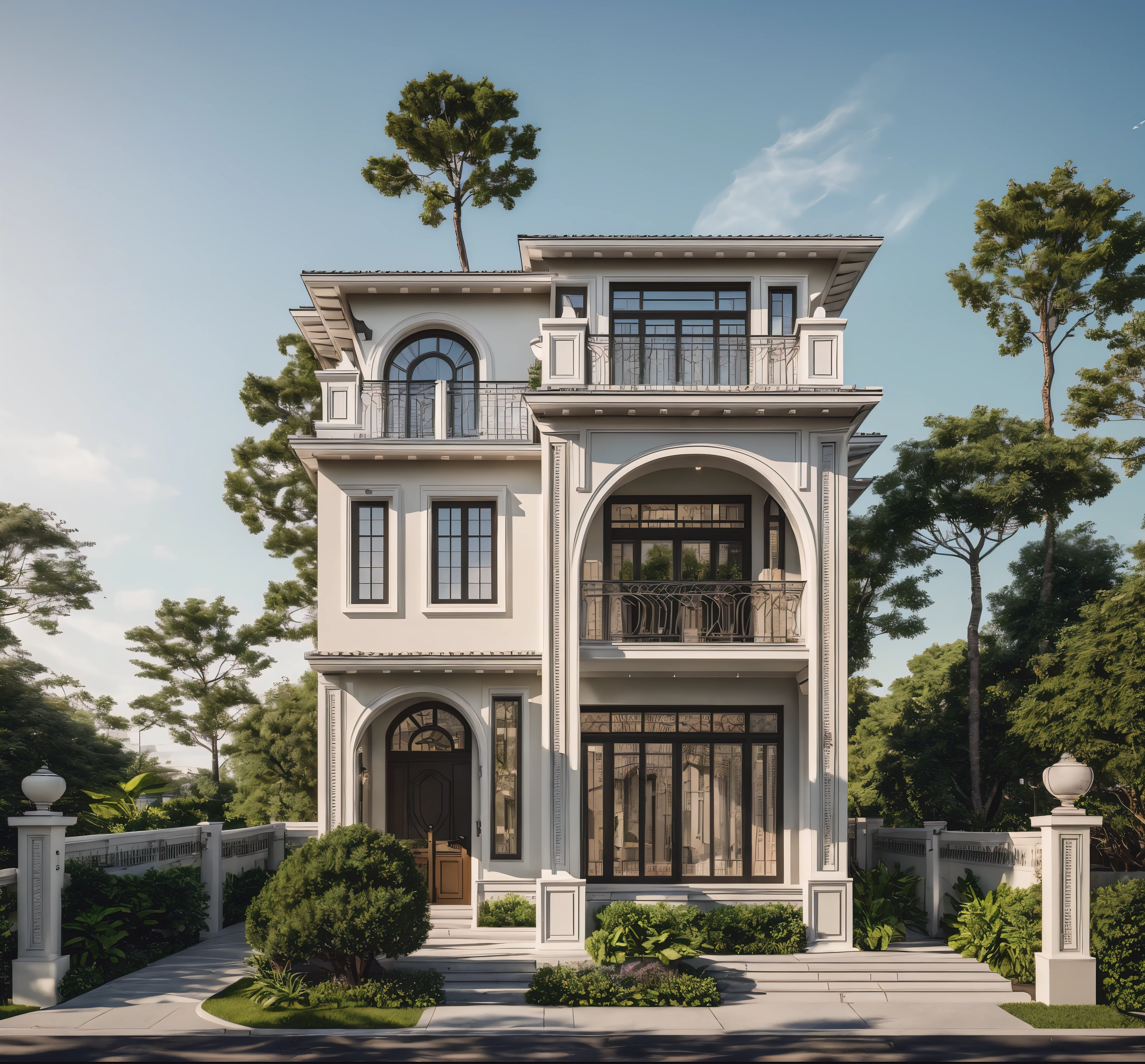 A (Photorealism:1.1) drawing a architect style indochine, car parked in front of a two story building, clean linework, frontview, inter dimensional villa, (white wall:1.1), White column and wall details, (detail roof tile:1.1), (window glass detail:1.1), (wall lamp) 3rd floor details, (Balcony fence details:1.1), exterior design, white detailed sketch, neo - classical style, architectural illustration, realistic architecture, architectural concept, residential design, (masterpiece),(high quality), best quality, real,(realistic), super detailed, (full detail),(4k),8k,architecture, RAW photo,Masterpiece, high quality, best quality, authentic, super detail, exterior, outdoor town house style, street, white wall, louver roof, refection glass windows, climbing plant on the bacony,(straight line architecture arch:1.2), trees, beautifuL sky, (day:1.1),vray, people walking on the sidewalk in front of a house, photo render, corporate photo, digitally enhanced, render, exterior shot, photorealistic, screengrab, (god ray:1.1), digitally painted, transparent, front-view, an illustration of, full - view, discovered photo, still capture, unreal engine 5, octane render, cinematic, front lighting, ultra-detail, ((realistic)) depth of field, photography, ((Super detailed)), FKAA, TXAA, RTX, SSAO, Post Processing, Post-Production, CGI, VFX, SFX, Full color, HDR, Realistic,8k,((Unreal Engine 5)), Cinematic intricate detail, extreme detail, science, hyper-detail, FKAA, super detail, super realistic, crazy detail, intricate detail, reflected light on glass, eye-catching wall lights, unreal engine 5, octane render, cinematic, 8K,Detailed, High-fidelity, Viwvid, Crisp, The sun shines on the project, Sharp, soft lighting, Bright, Stunning low, ((Lifelike)), Natural, ((Eye-catching)), Illuminating, Flawless, High-quality,Sharp edge rendering