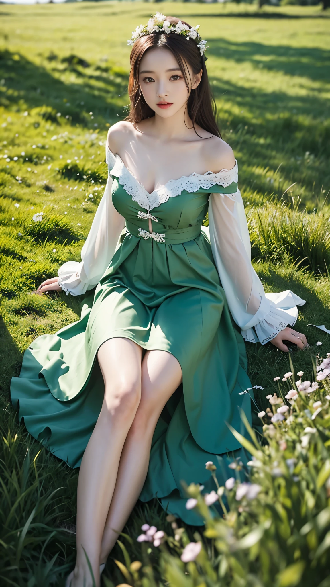 A young girl on her knees suggestively looking up. Biting her lip, wearing a short jade green dress, slightly big chest, revealing, corset extremely tight around waist, sword right next to her. In a field of daisies. Sky is dark with thousands of stars