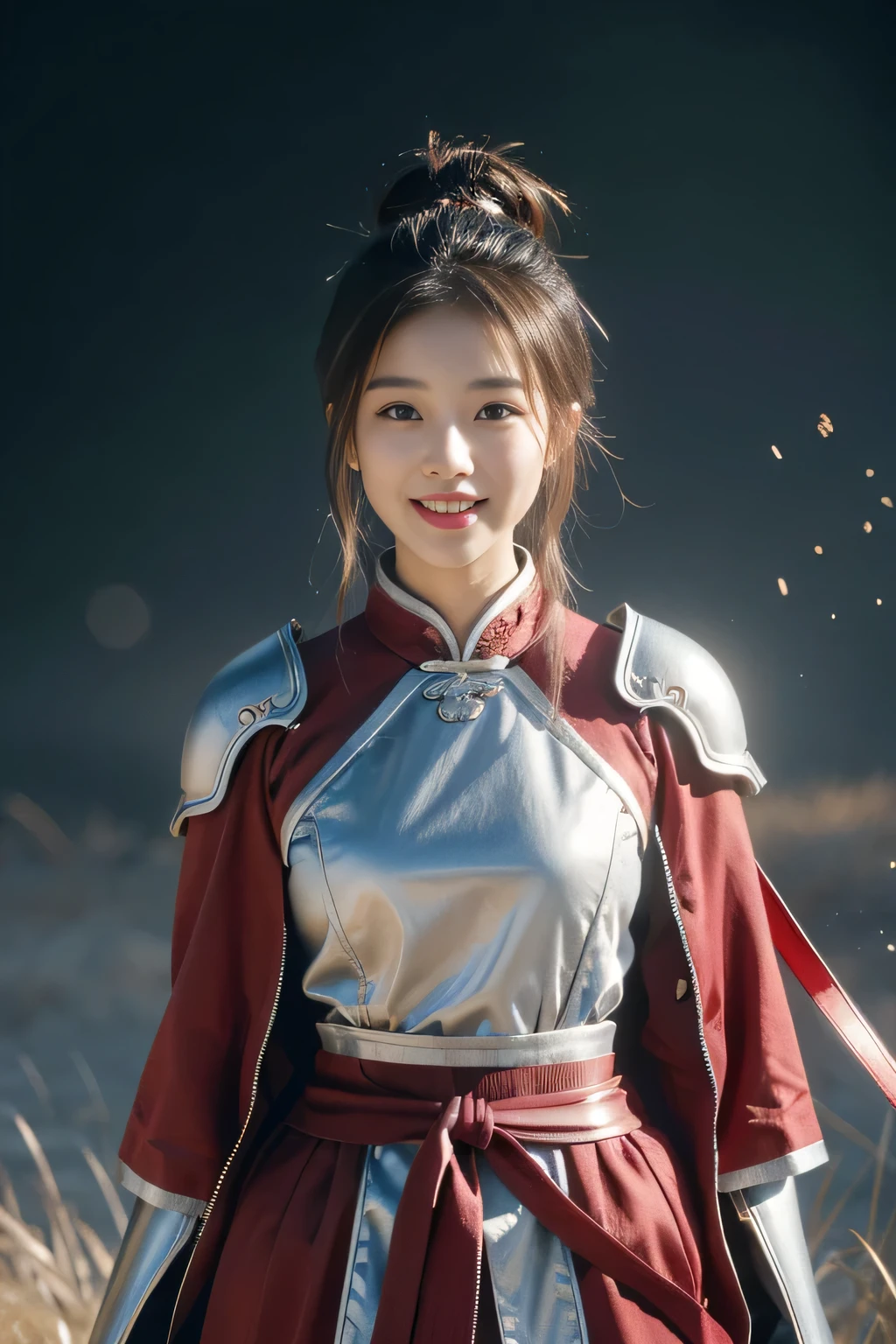 Chinese female general Hua Mulan,Reddish brown Confucian robe lining,Silver metal breastplate,battlefield background,majestic,Smile(open mouth)(The corners of the mouth are raised),Leather tunic,Knee pads,eight clones,silver metal headband,Hair bun raised high。wild wilderness background