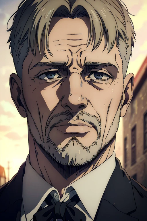 (best quality,4k,8k,highres,masterpiece:1.2),ultra-detailed,(realistic,photorealistic,photo-realistic:1.37),portraits,mappa art style, 45 old male character,grey eyes,short blonde hair,split hairstyle,black suit,distinguished look,sharp jawline, stubble beard ,some wrinkles on forehead and cheeks