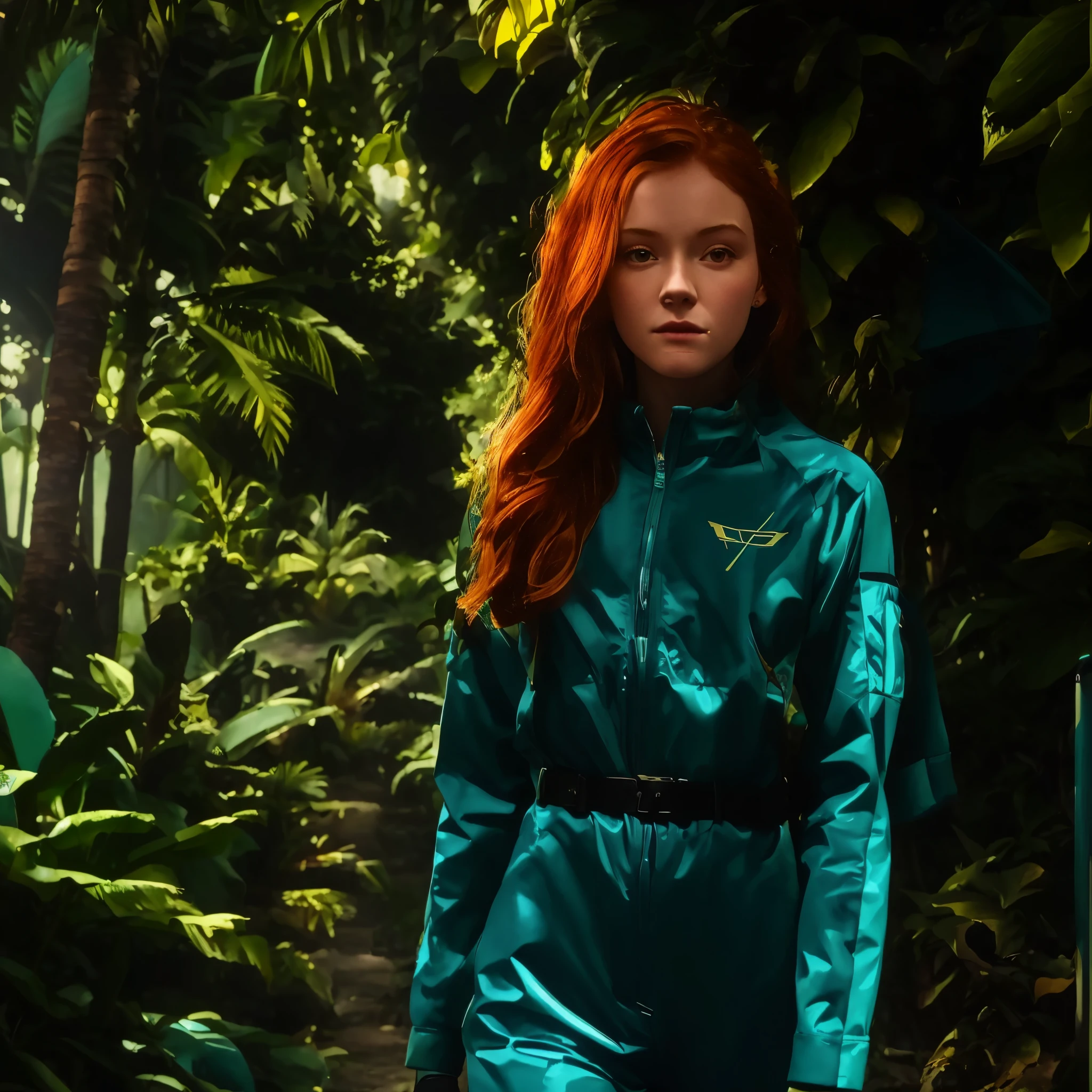 there is a woman in a blue and yellow suit walking down a path, sadie sink, wearing a track suit, with teal clothes, in flight suit, flight suit, chappie in an adidas track suit, wearing flight suit, wearing a tracksuit, teal suit, wearing human air force jumpsuit, ellie bamber fairy, wearing atompunk jumpsuit, in a jungle